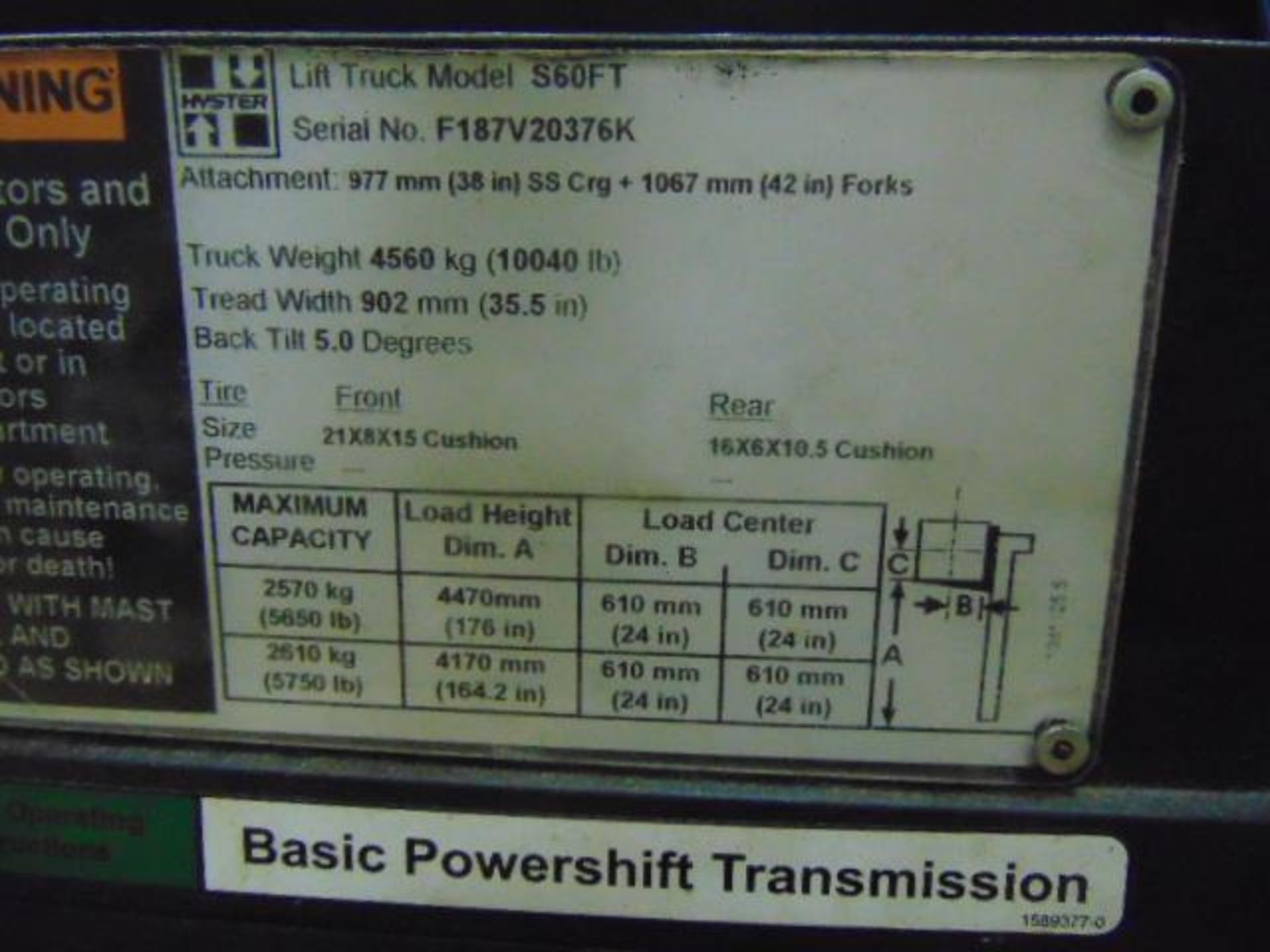 FORKLIFT, HYSTER 6,000 LB. BASE CAP. MDL. S60FT, 5,650-lb. max. cap., @ 24" load center, LPG, 176" m - Image 14 of 14