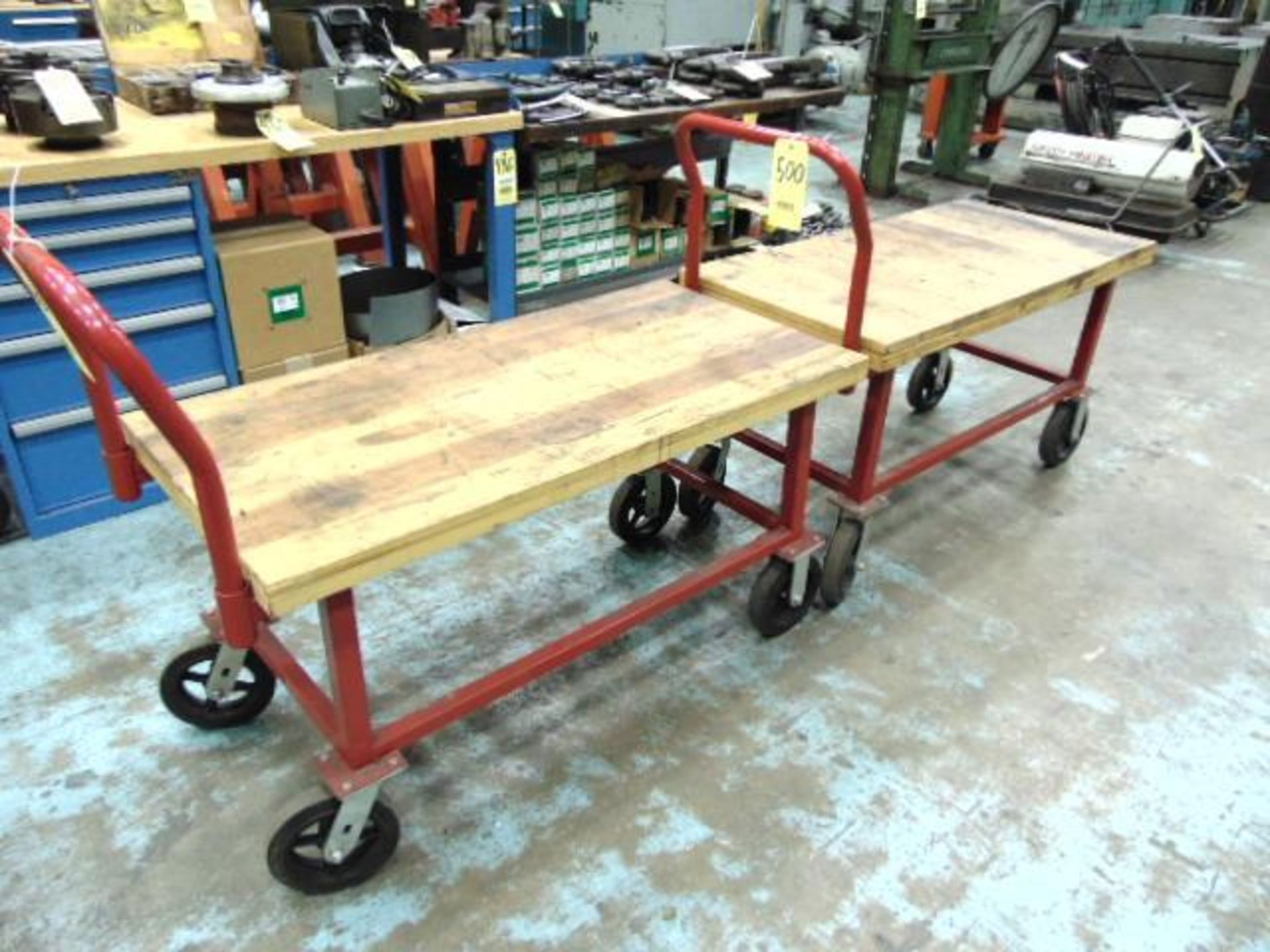 LOT OF WOOD TOP CARTS (5), 4-wheel, 47-1/2" x 23'1/2" x 2" (Note: not to be removed until empty)