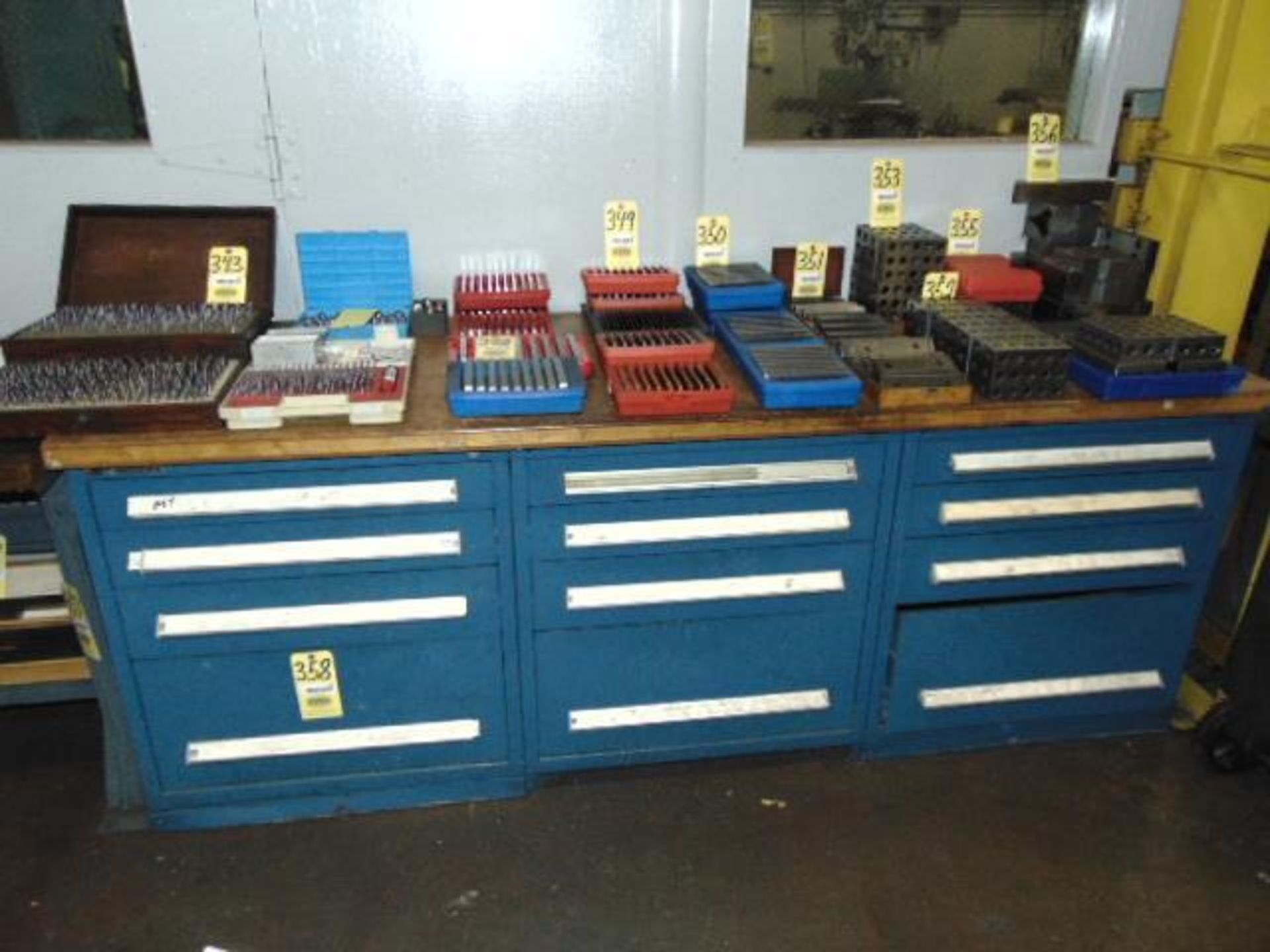 WOOD TOP WORKBENCH, w/ (3) Stanley Vidmar 4-drawer roller drawer tool storage cabinets (Note: not to