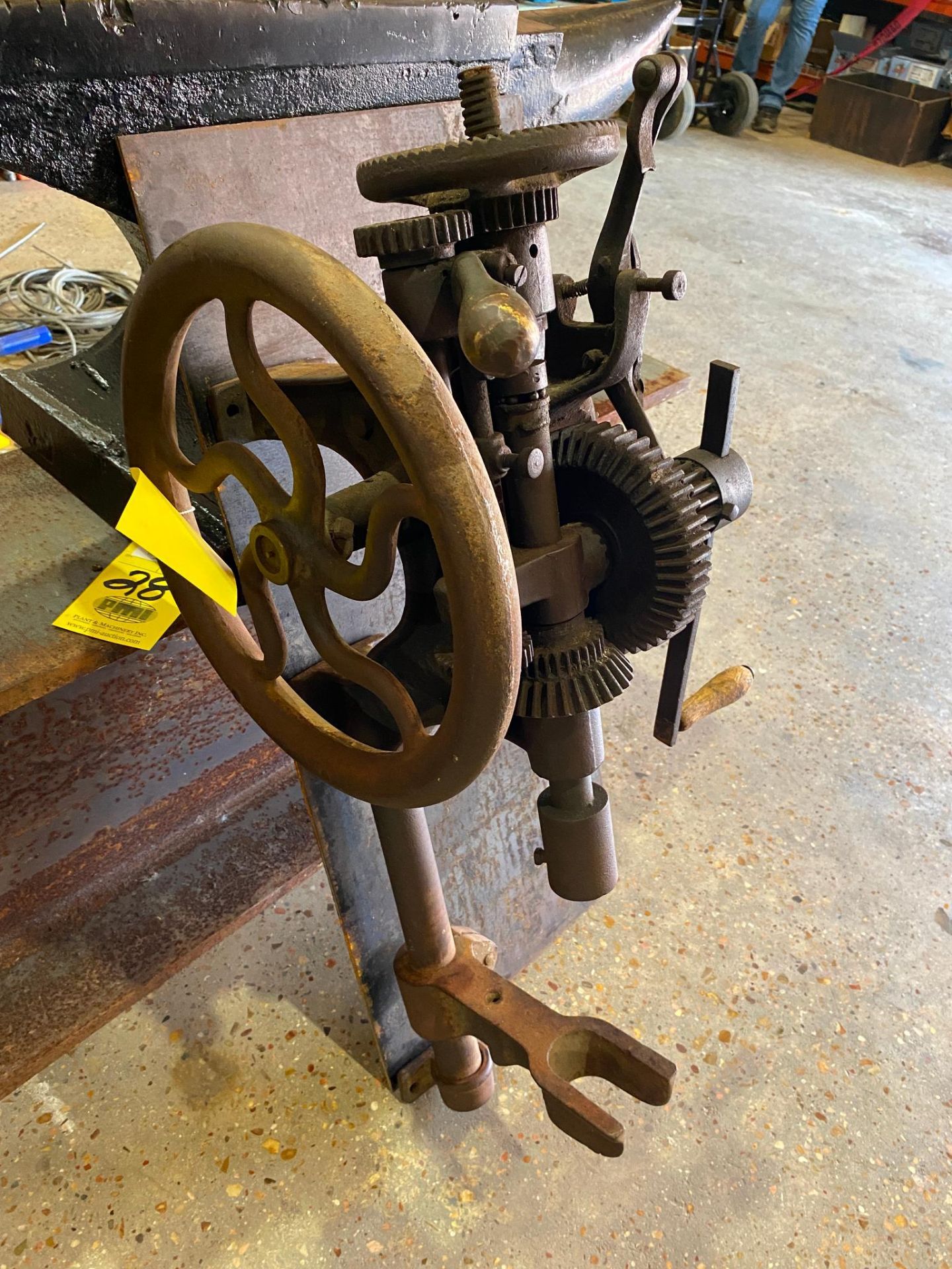 HAND CRANK POST WALL DRILL PRESS, MFG. WARRENTED, antique (Located at: Tri R Erecting, 26535 FM 2978 - Image 2 of 6