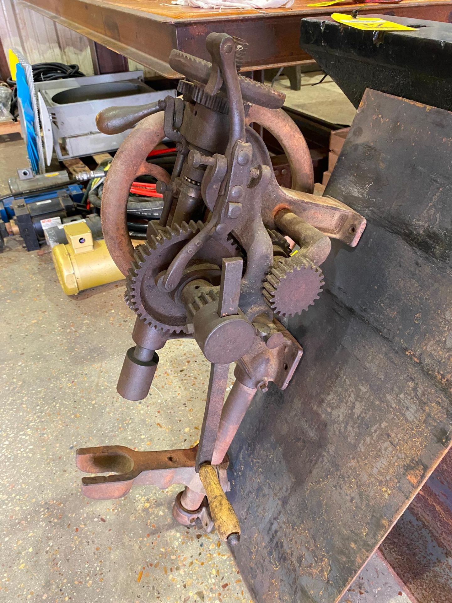 HAND CRANK POST WALL DRILL PRESS, MFG. WARRENTED, antique (Located at: Tri R Erecting, 26535 FM 2978 - Image 3 of 6