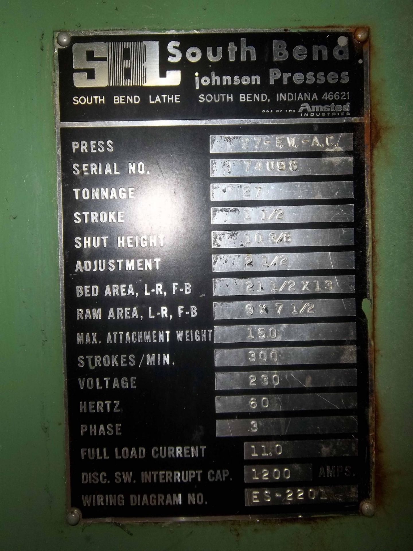 OBI PRESS, SOUTH BEND JOHNSON 27 T. CAP. MDL. 27-EW-A.C., 230 v., 3-phase, motor can swap to 460 v., - Image 10 of 10