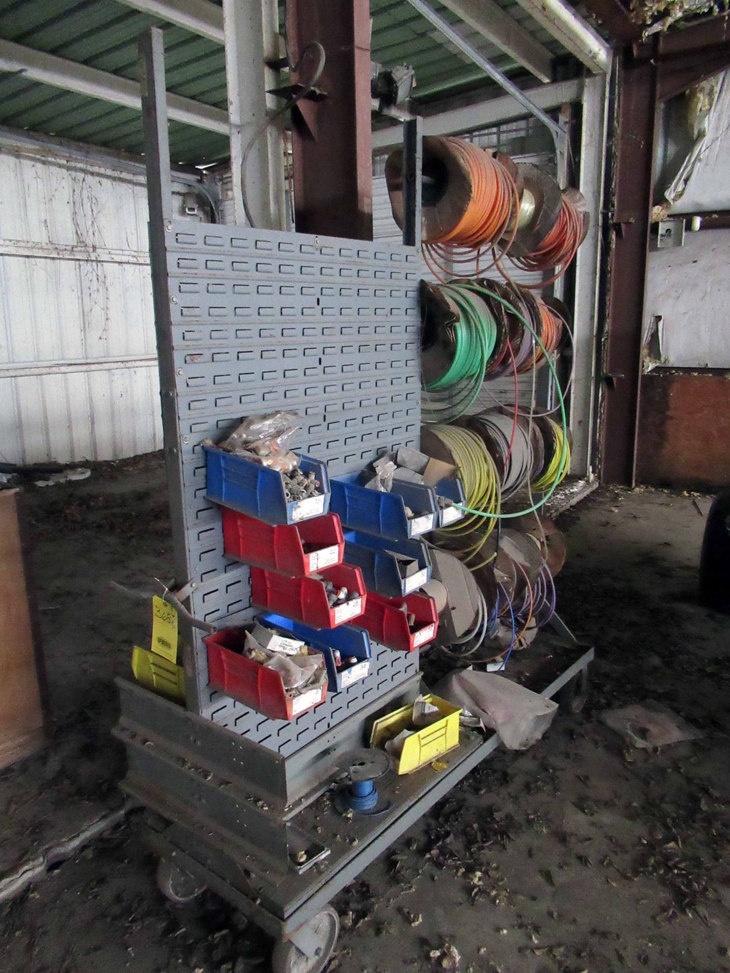 ROLLING DISPENSER CART, w/ tubing & hanging part box dispenser (Located at: Precision Welding &