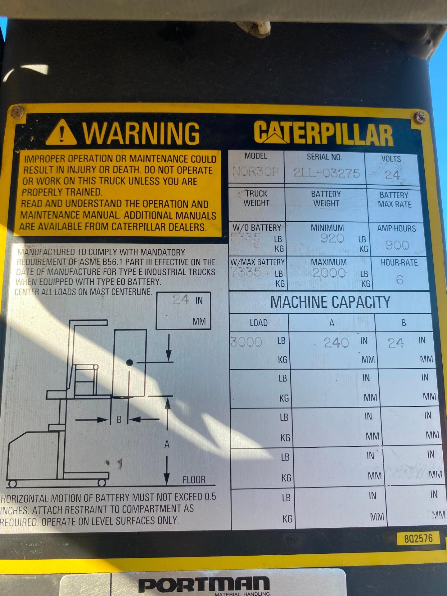 ELECTRIC ORDER PICKER, CATERPILLAR MDL. NOR30P, 3,000 lb. cap., S/N 2LL-03275 (needs repair, no - Image 6 of 6