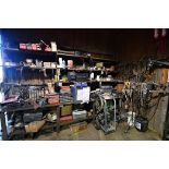 LOT CONSISTING OF: shelves, wooden table, tools, fillers, chains, etc.