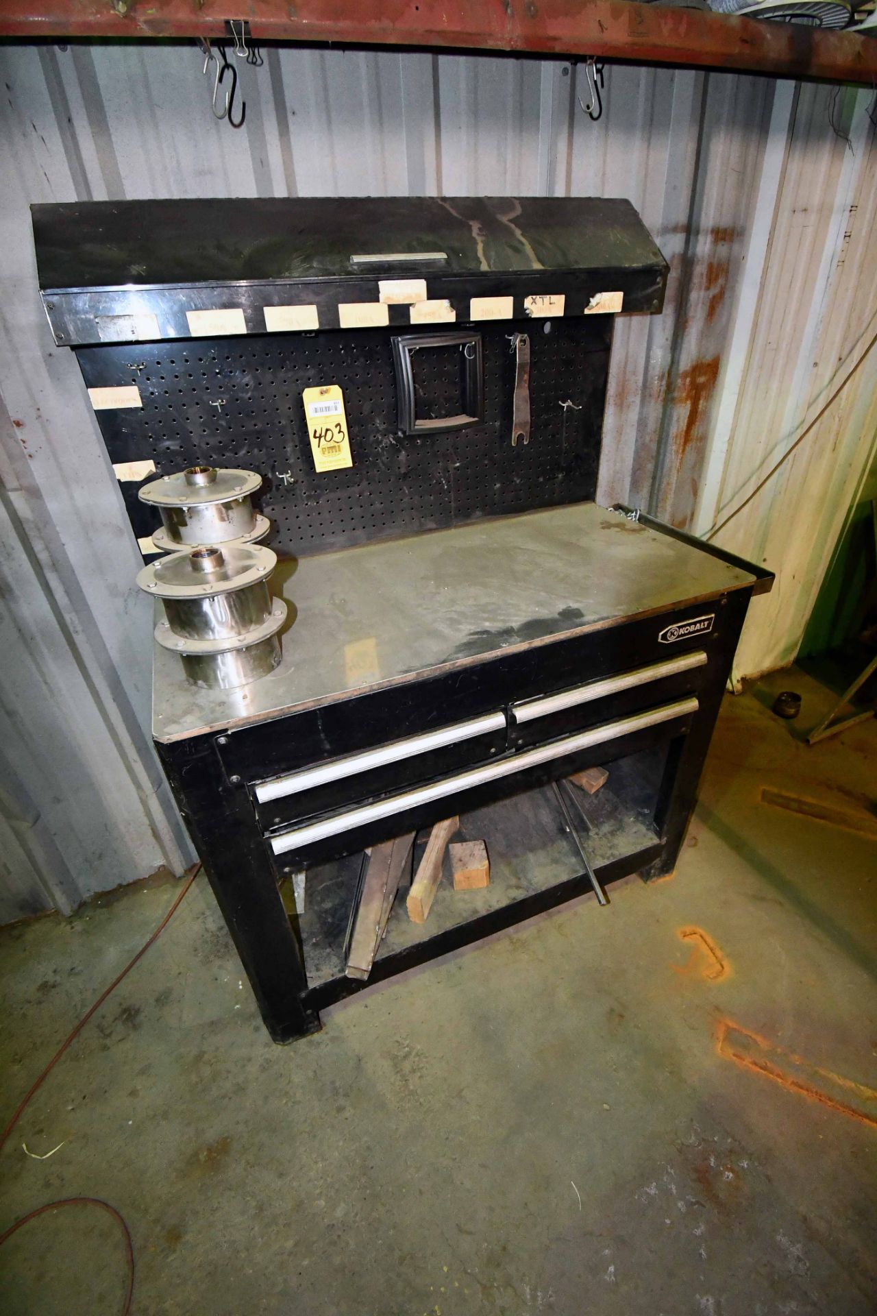 LOT CONSISTING OF: Kobalt 3-drawer workbench & metal shelf w/ contents