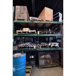 LOT CONTENTS OF RACK: motor bases, pivot covers, 20 x 42 P/F shafts, hyd. cylinders, etc.