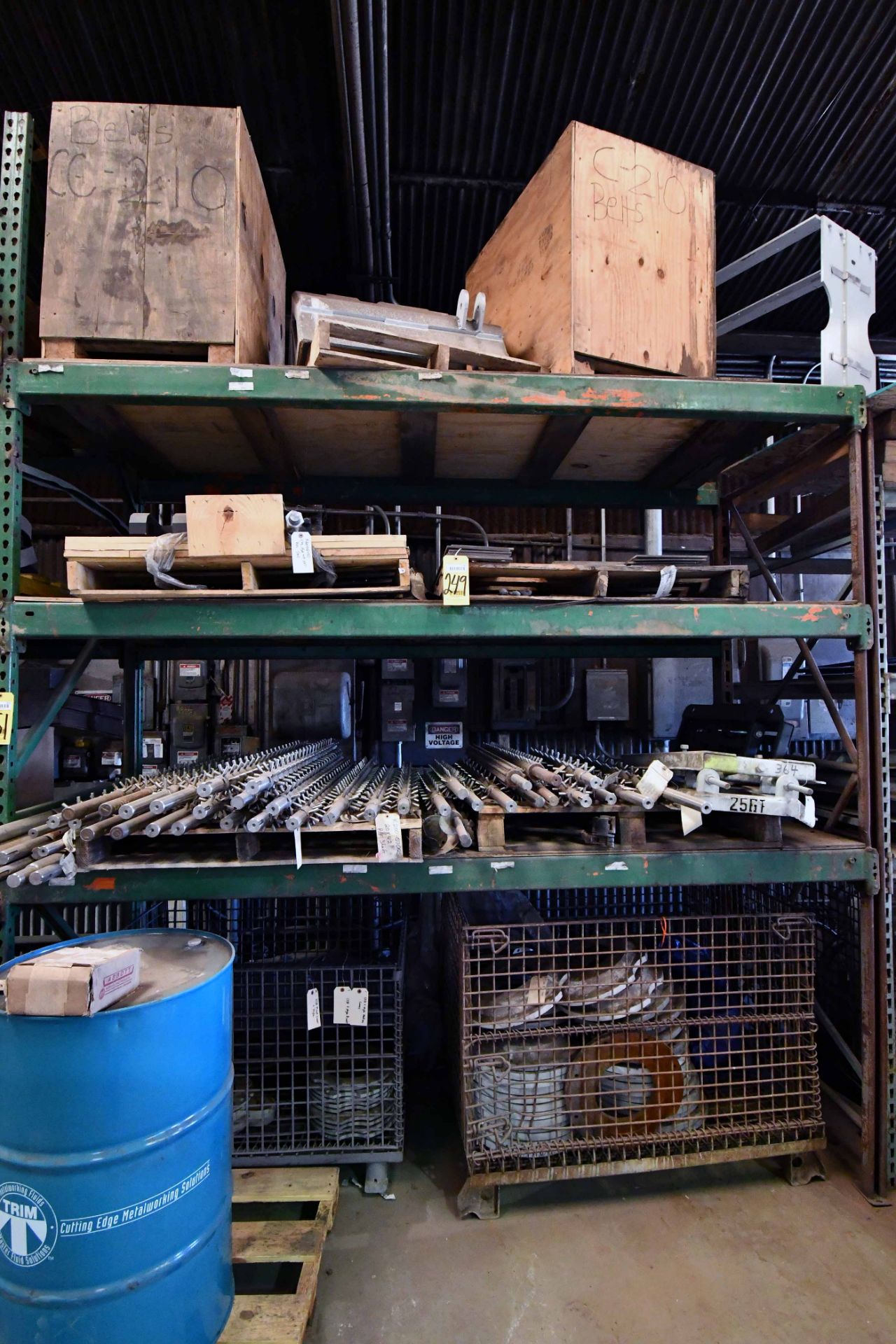 LOT CONTENTS OF RACK: motor bases, pivot covers, 20 x 42 P/F shafts, hyd. cylinders, etc.