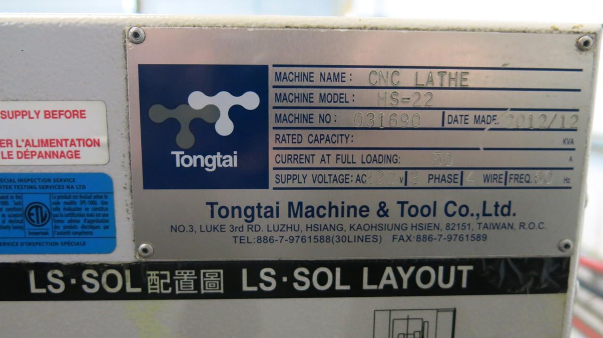 2012, TONGTAI MACHINE CO., HS-22, CNC PRECISION LATHE, 15 HP SPINDLE, 6000 RPM SPINDLE, 6" DIA 3 JAW - Image 9 of 9
