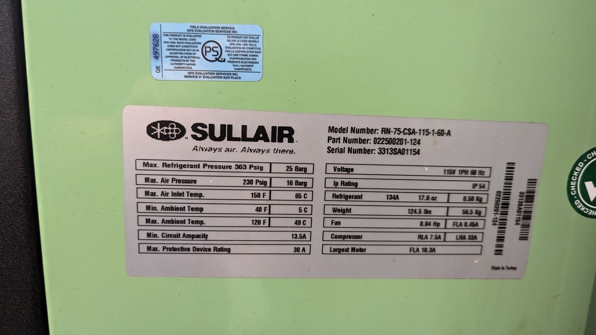 2014, SULLAIR, ST 1109, 15 HP, TANK MOUNTED, ROTARY SCREW AIR COMPRESSOR - Image 9 of 10