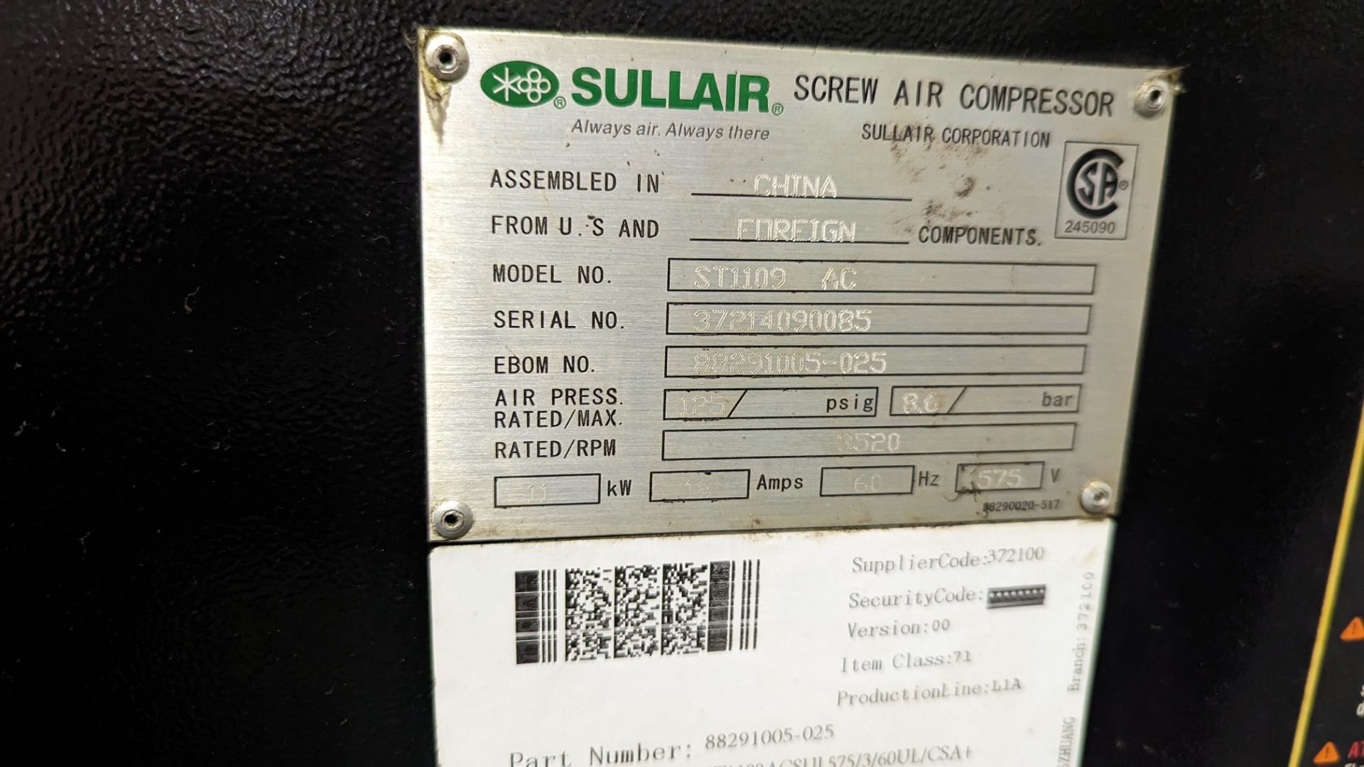 2014, SULLAIR, ST 1109, 15 HP, TANK MOUNTED, ROTARY SCREW AIR COMPRESSOR - Image 7 of 10