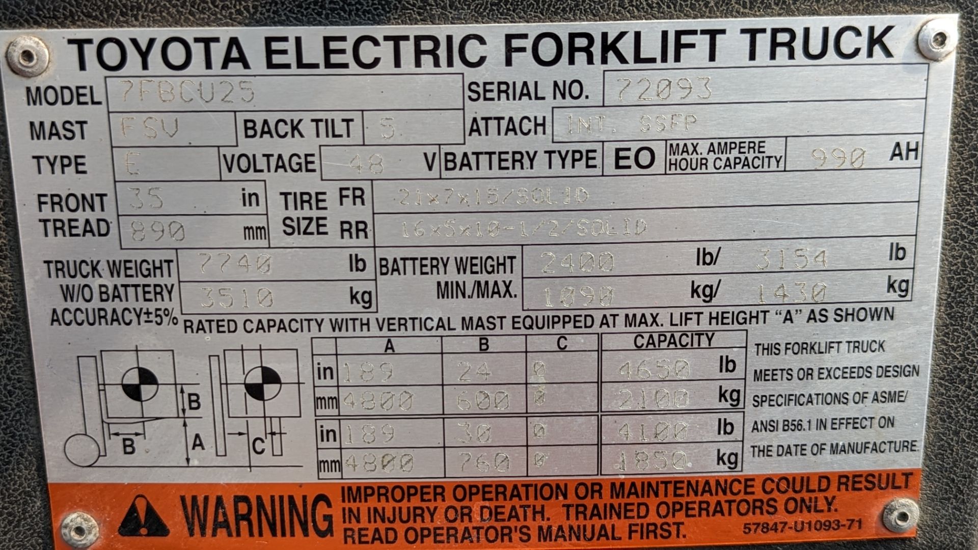 TOYOTA, 7FBCU25, 4650 LBS, 3 STAGE, 48V, BATTERY POWERED FORKLIFT - Image 21 of 21