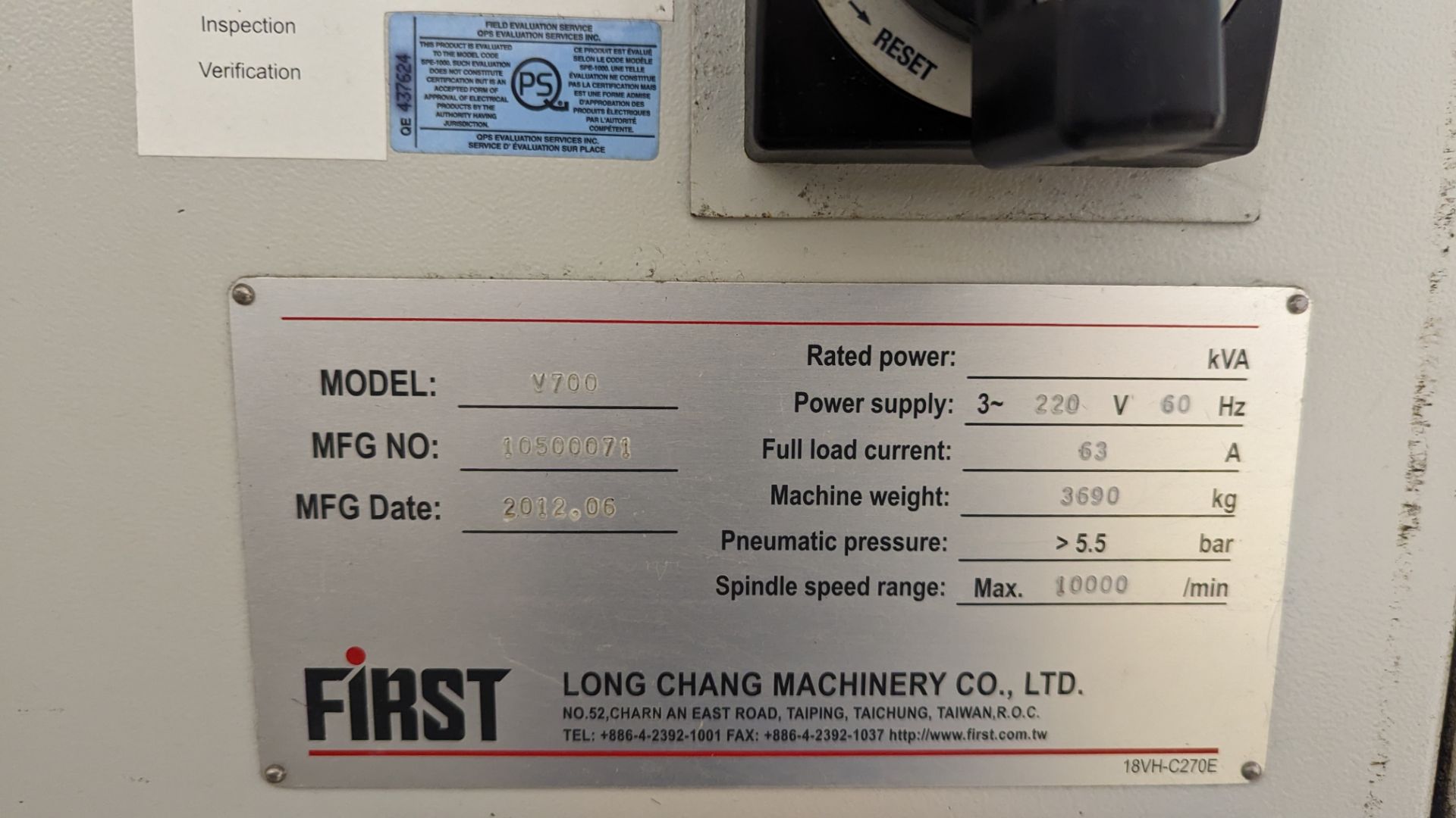 2012, FIRST, V700, CNC VERTICAL MACHINING CENTRE, 10,000 RPM, DIRECT DRIVE, BT40 SPINDLE, TRAVELS ( - Image 14 of 14