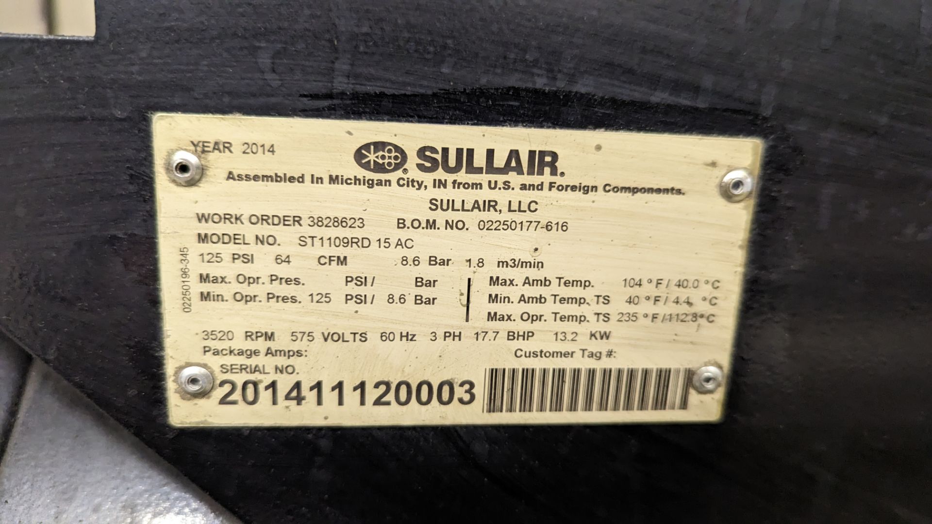 2014, SULLAIR, ST 1109, 15 HP, TANK MOUNTED, ROTARY SCREW AIR COMPRESSOR - Image 10 of 10