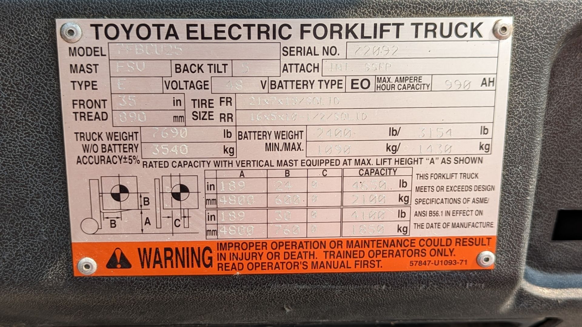 TOYOTA, 7FBCU25, 4650 LBS, 3 STAGE, 48V, BATTERY POWERED FORKLIFT - Image 21 of 21