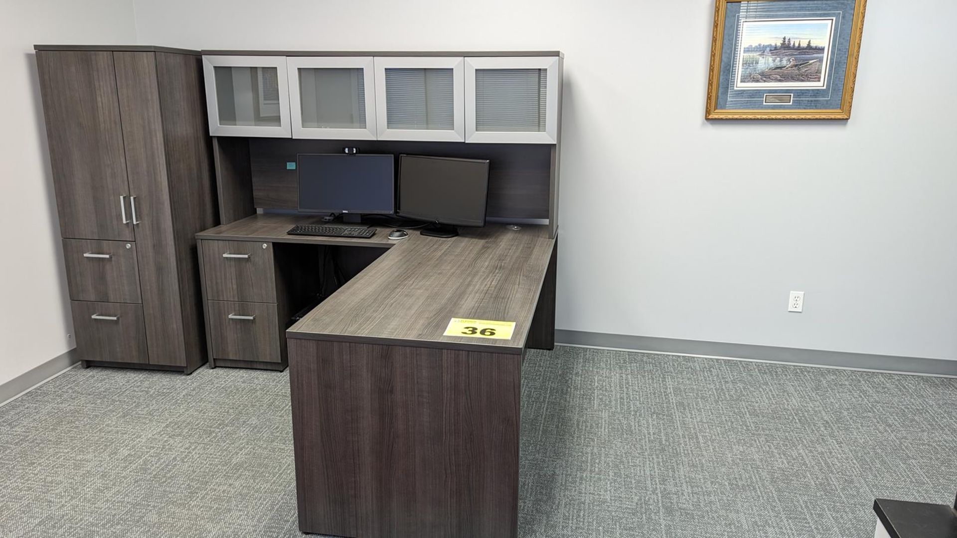 GLOBAL GREY, L SHAPED DESK, & HUTCH, (FURNITURE ONLY) (STORAGE CABINET IS LOT 40), DIMENSIONS 6' X