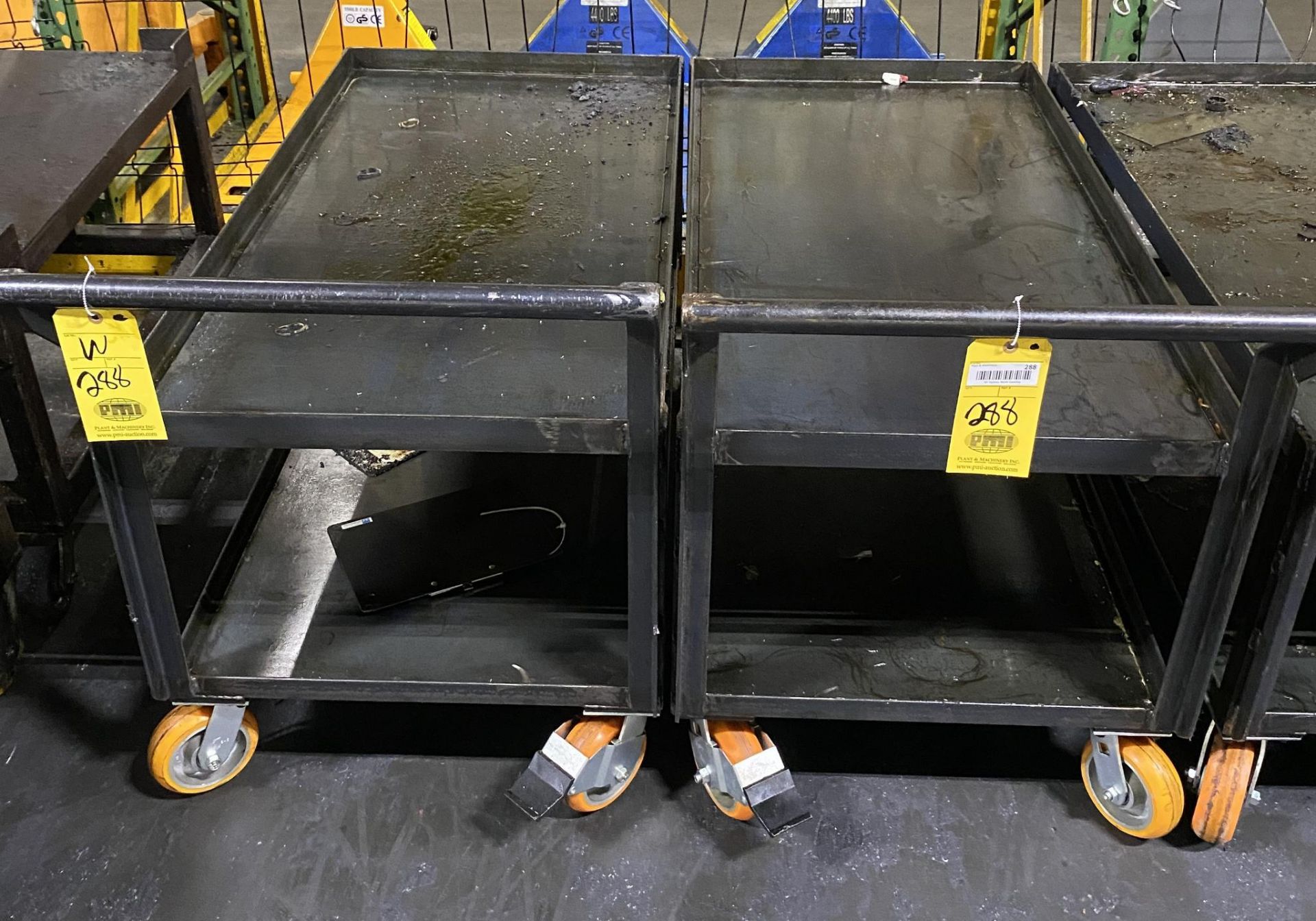 LOT OF HEAVY GAUGE ROLLING MATERIAL TRANSPORT CARTS (2), double shelf, 26"W. x 49"L. x 26" tall