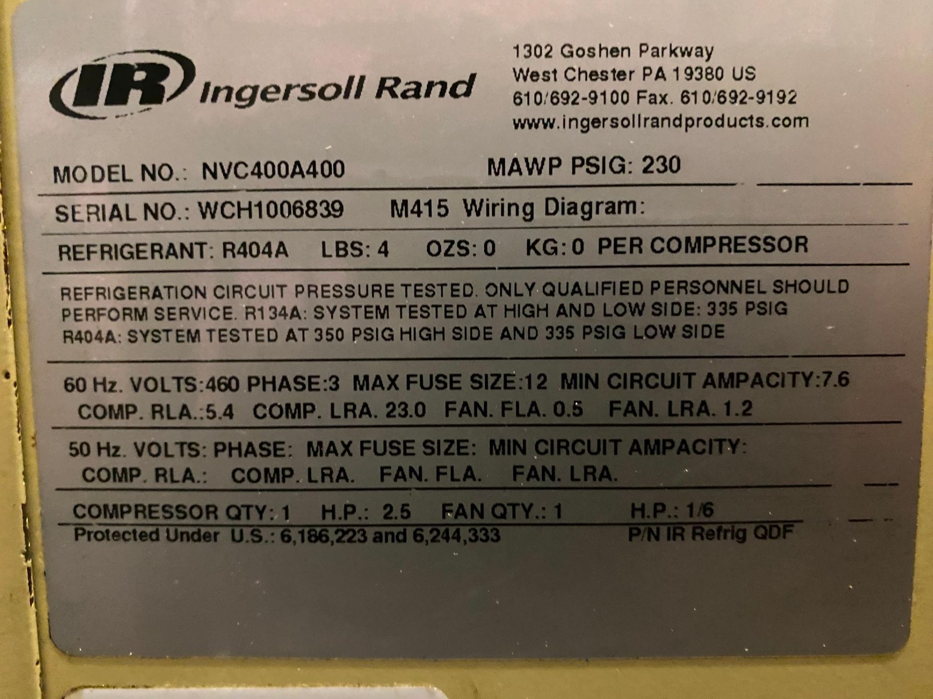 AIR DRYER, INGERSOLL-RAND MDL. NVC400A400, 460 v., 230 psi max. pressure, S/N WCH1006839 - Image 3 of 3