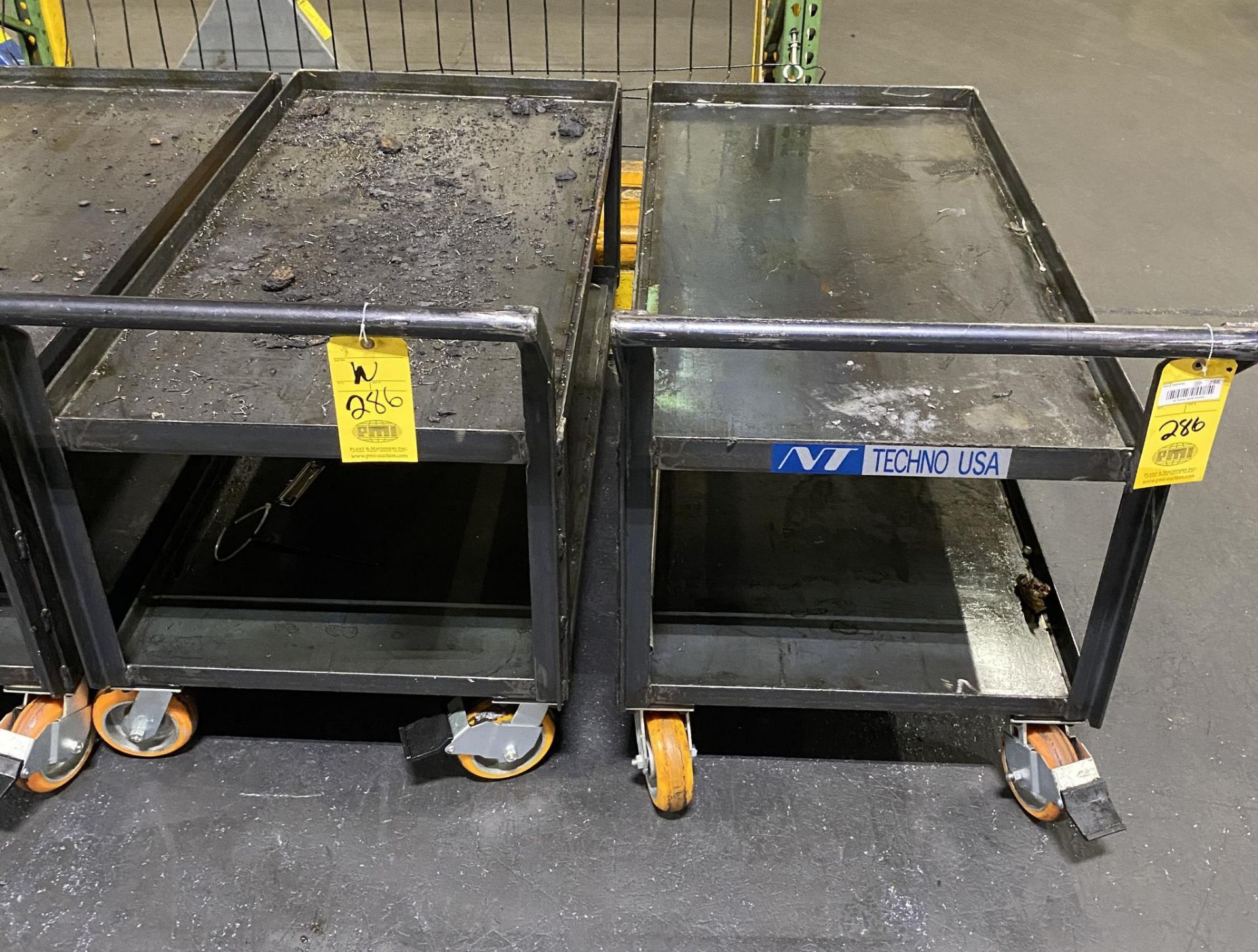 LOT OF HEAVY GAUGE ROLLING MATERIAL TRANSPORT CARTS (2), double shelf, 26"W. x 49"L. x 26" tall