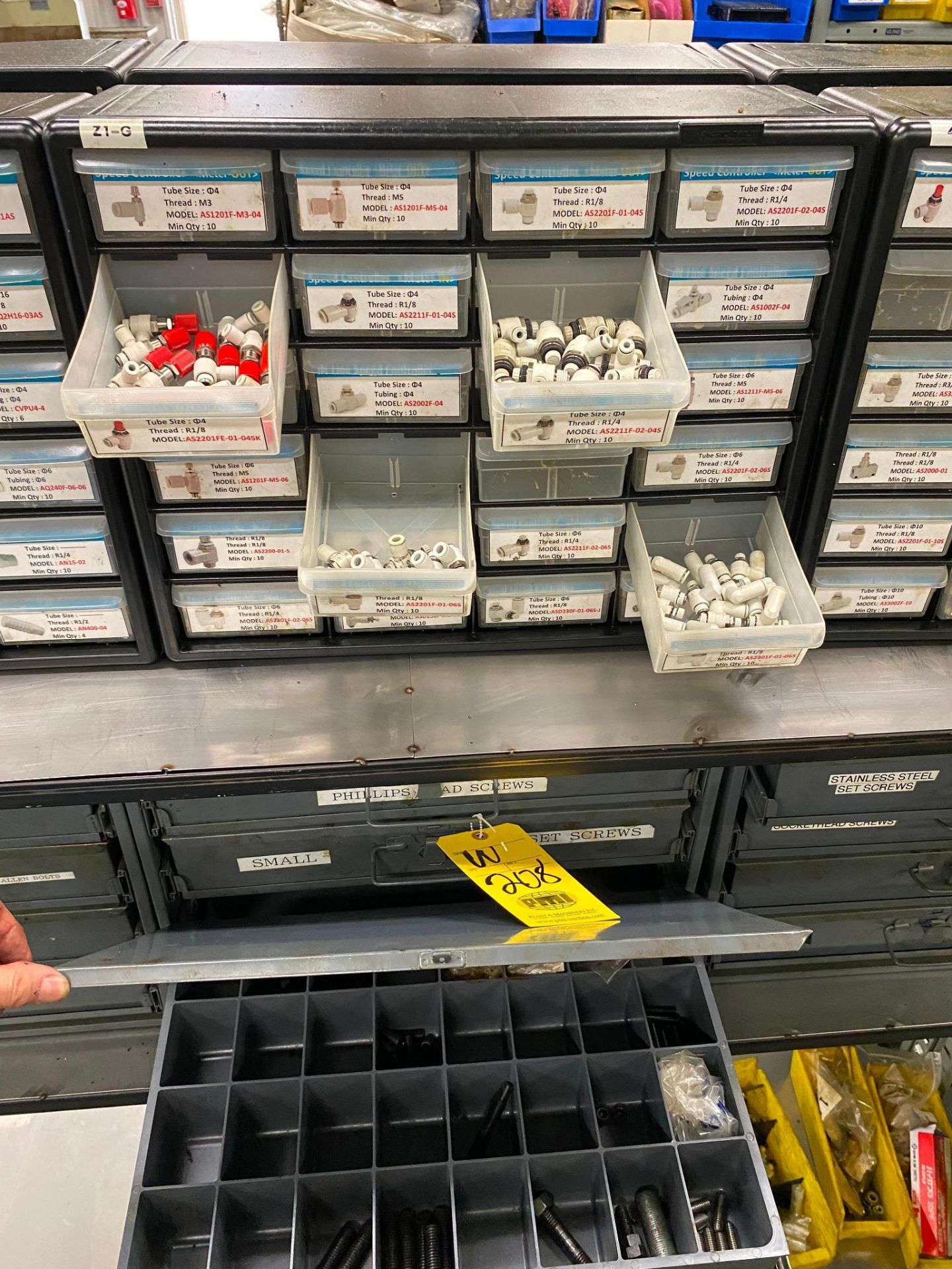 LOT OF SURPLUS INVENTORY: pigeon hole cabinets, w/ tubing fittings, fasteners, etc., w (1) shelf - Image 6 of 8