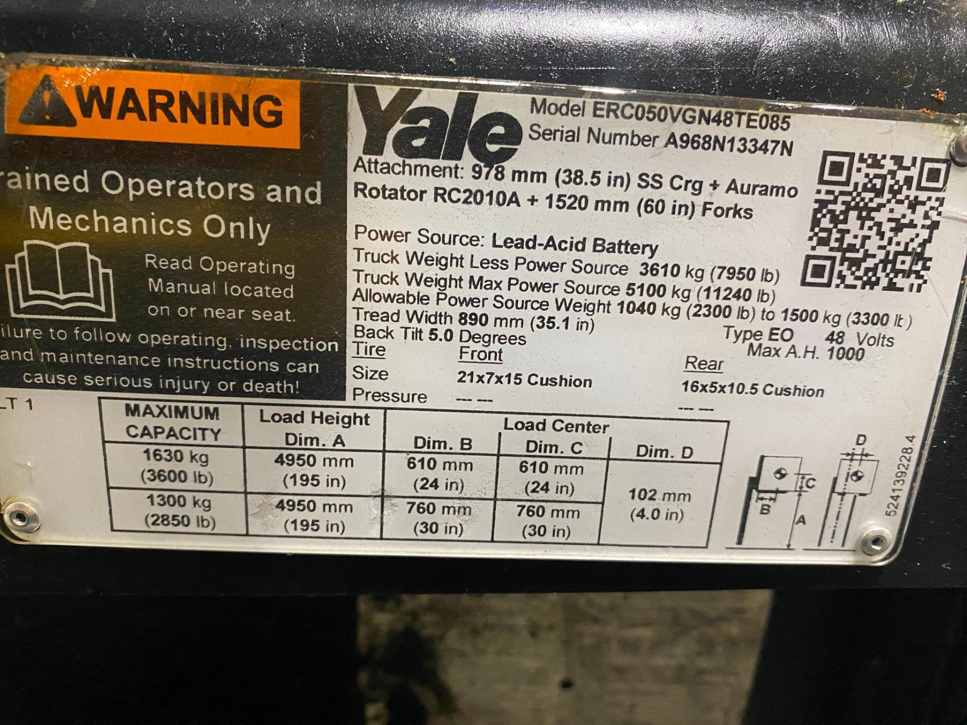 ELECTRIC FORKLIFT, YALE MDL. ERC050VGN48TE085, w/ hydraulic rotator, 500 lb. cap., cushion tires, - Image 8 of 14