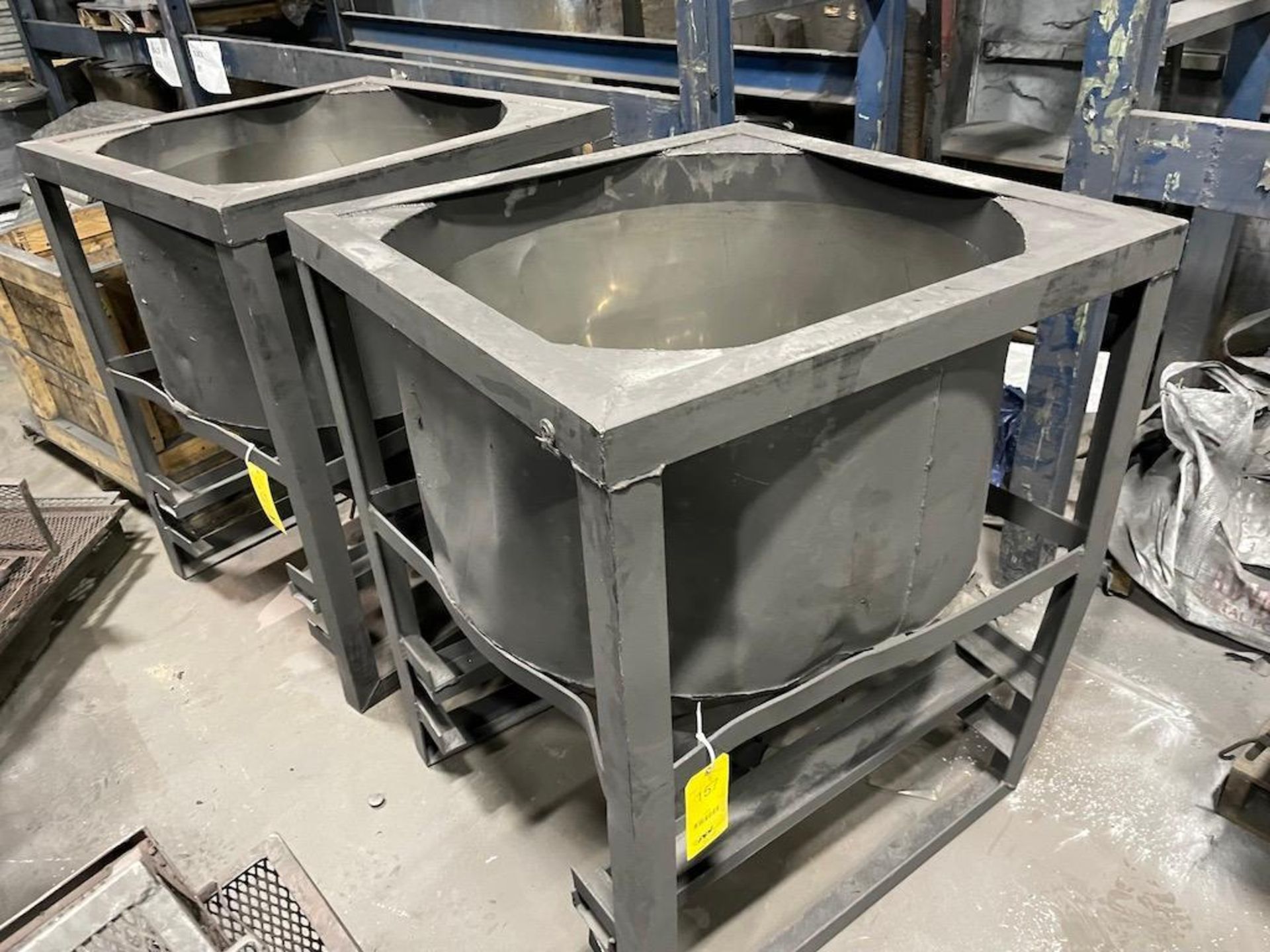 LOT: (5) Stainless Steel Tote Bins w/Cone Bottom, Butterfly Valve, Steel Frame Structure Approx. 36"