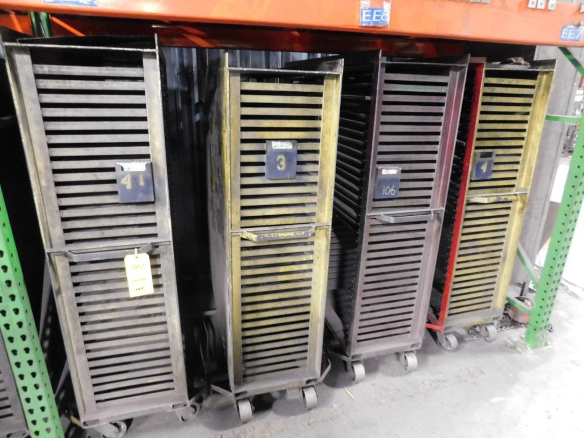 LOT: (4) Rolling Steel Parts Tray Carts, 65" x 17" at top, 65" x 23" at bottom, 64" tall