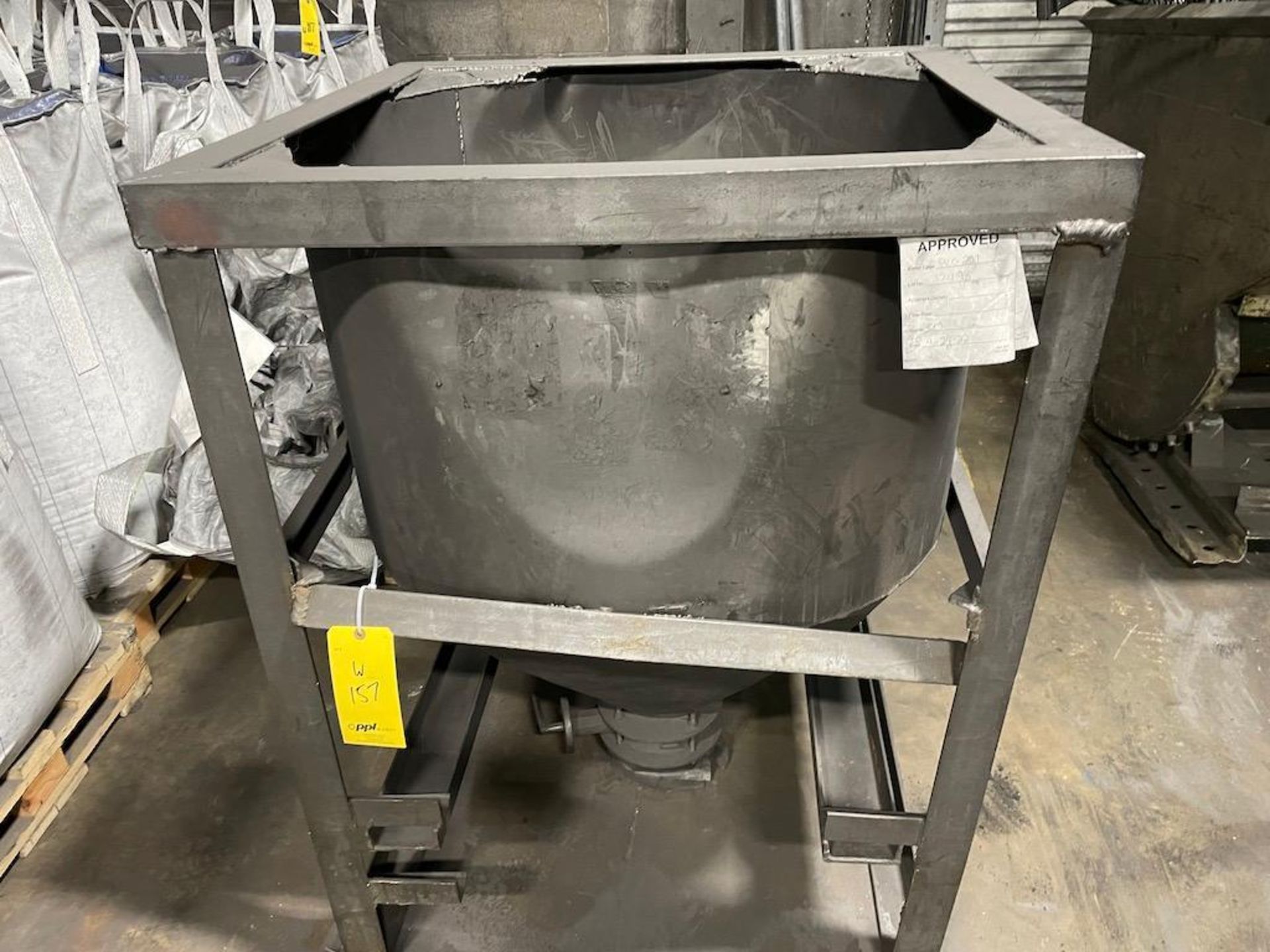 LOT: (5) Stainless Steel Tote Bins w/Cone Bottom, Butterfly Valve, Steel Frame Structure Approx. 36" - Image 2 of 4