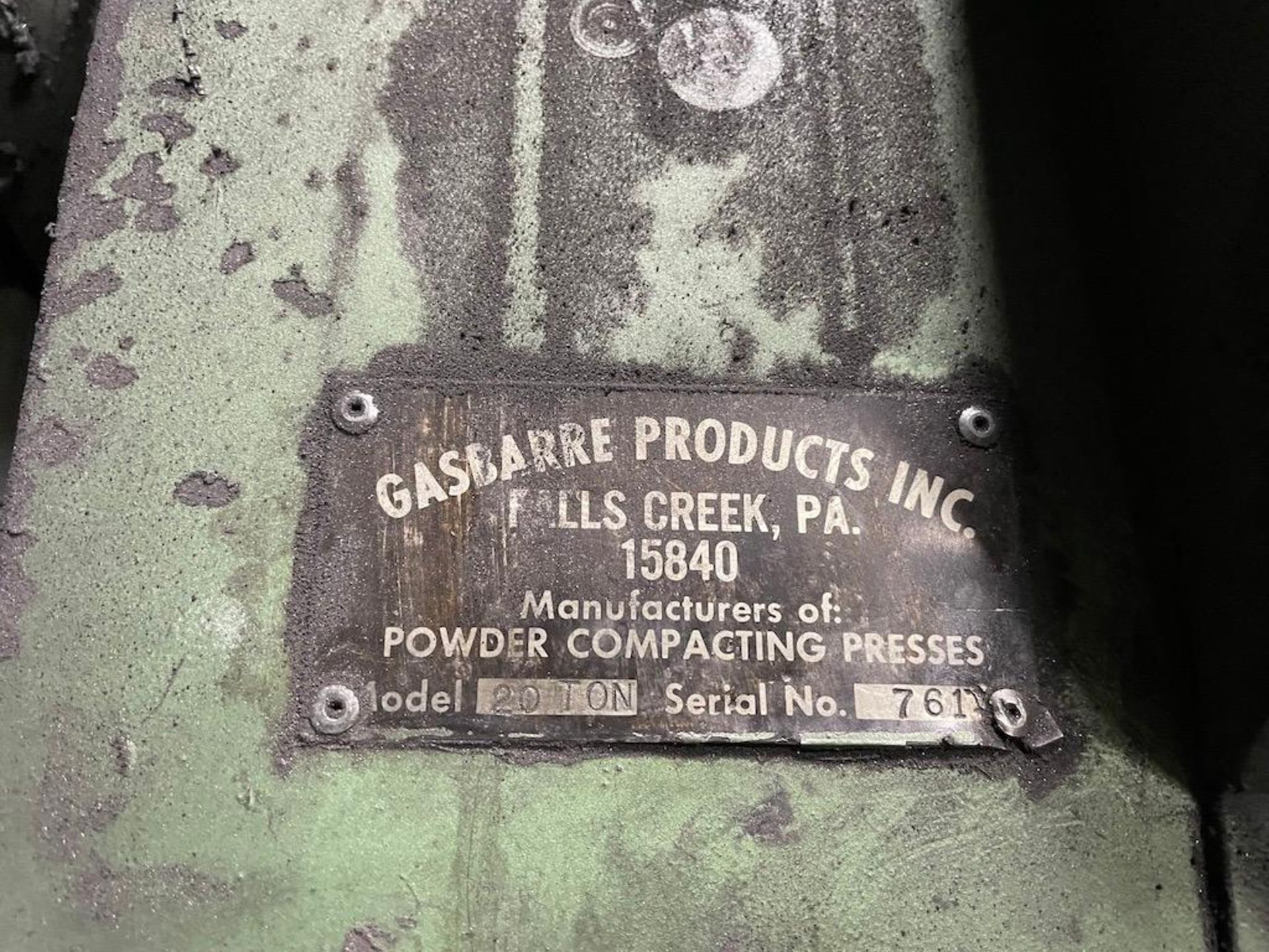 Gasbarre 20 Ton Powder Compacting Press, 4.5" Stroke, 3-1/4" Fill, 1-1/2" Die Table Float, 8-50 SPM, - Image 13 of 13