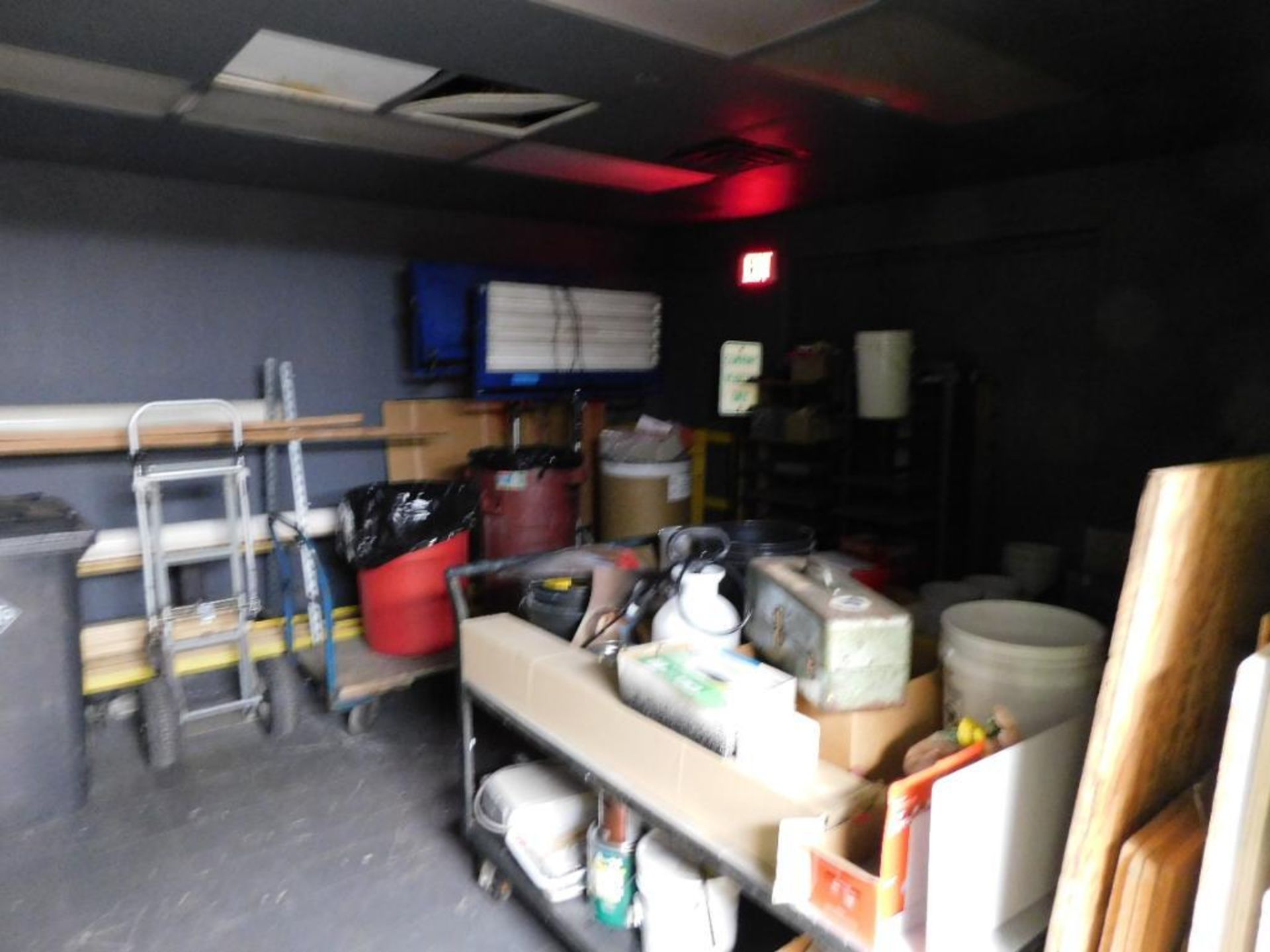 LOT: Contents of Room: (2) Ice Lights, (2) Rolling Steel Storage Cages, Building Supplies, Shop Cart