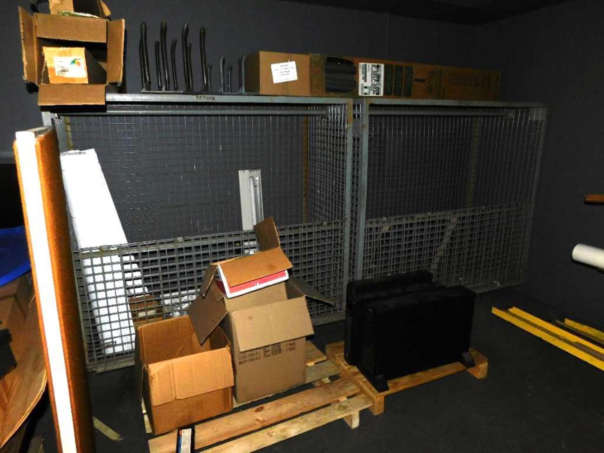 LOT: Contents of Room: (2) Ice Lights, (2) Rolling Steel Storage Cages, Building Supplies, Shop Cart - Image 3 of 4