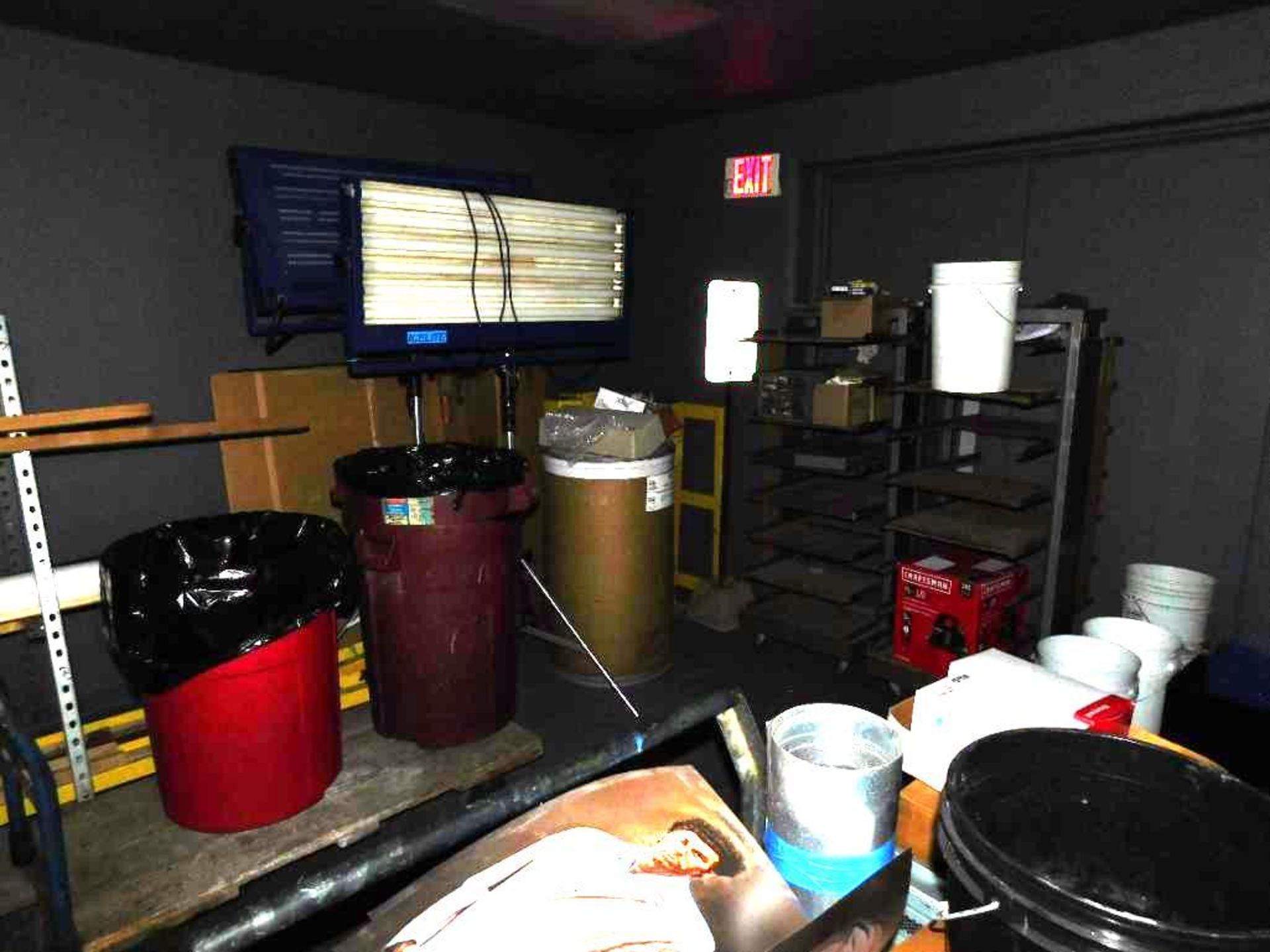 LOT: Contents of Room: (2) Ice Lights, (2) Rolling Steel Storage Cages, Building Supplies, Shop Cart - Image 2 of 4