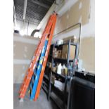 LOT: 12' & 8' A-Frame Ladders, 20' Extension Ladder, Rack w/Compressor Parts