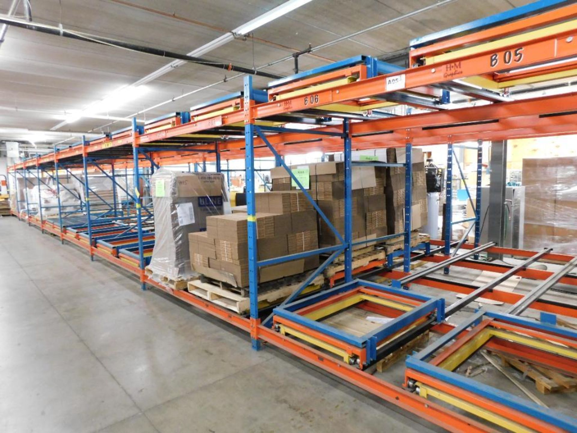 LOT: (10) Sections Steel King Pushback Racking (4) Pallets Deep (2) Tier Rolling Racks, 8' height, 1