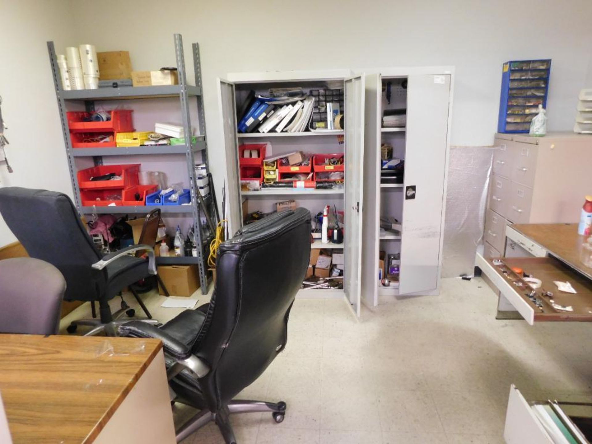 LOT: Contents of Office: Steel Cabinets, (2) Desks, File Cabinets, Assorted Hand Tools, Safety Suppl