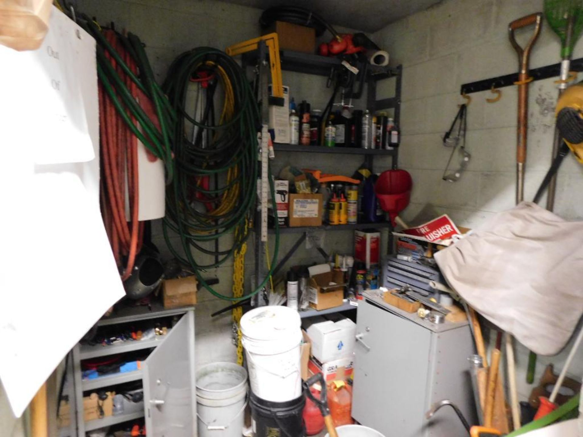 LOT: Contents of Maintenance Room: Misc. Hand Tools, Hose, Saw Blades, Blower, etc.