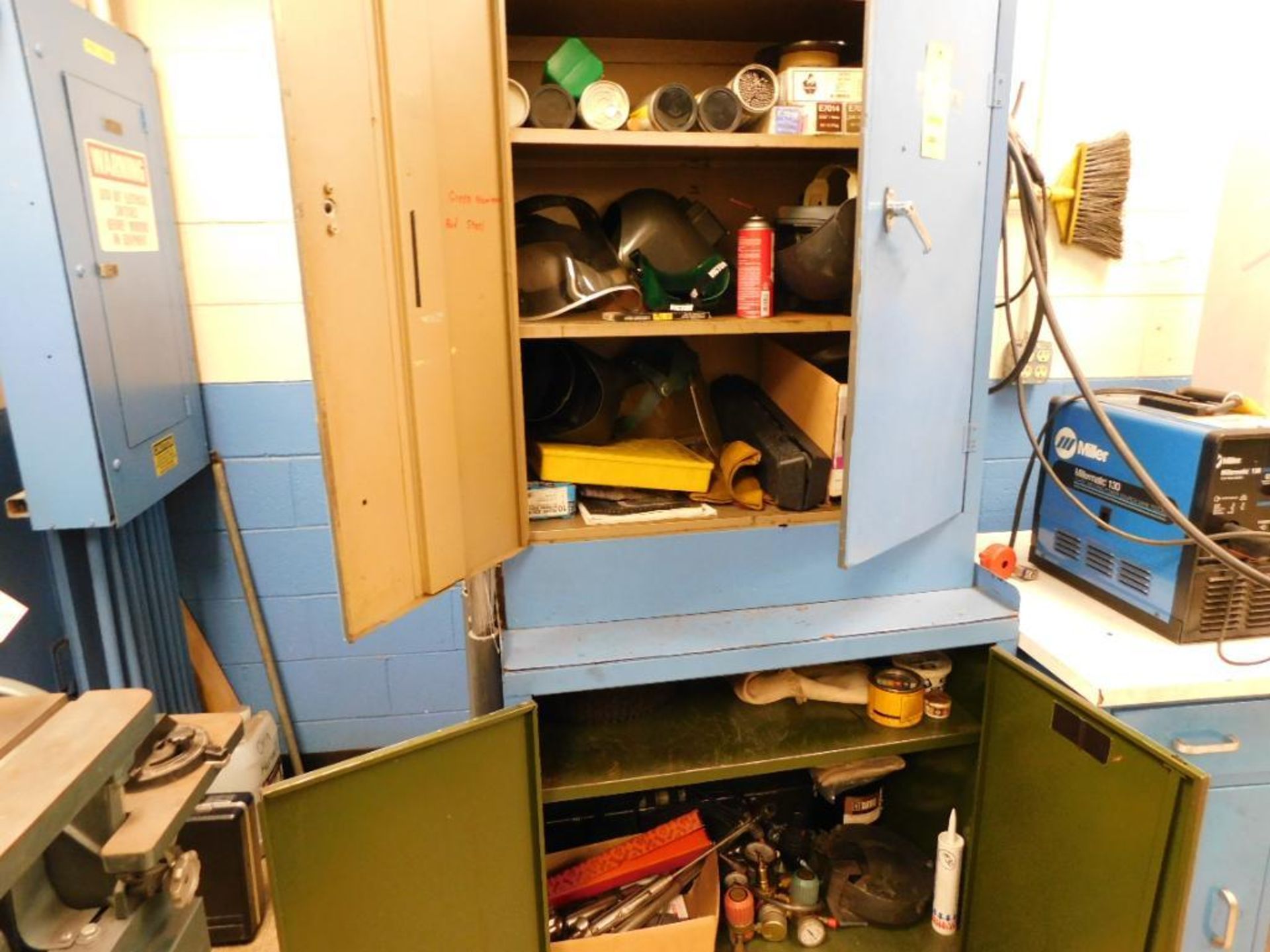LOT: Cabinet w/Contents of Welding Supplies: Wire, Electrode, Gages, Torches, Helmets, etc.