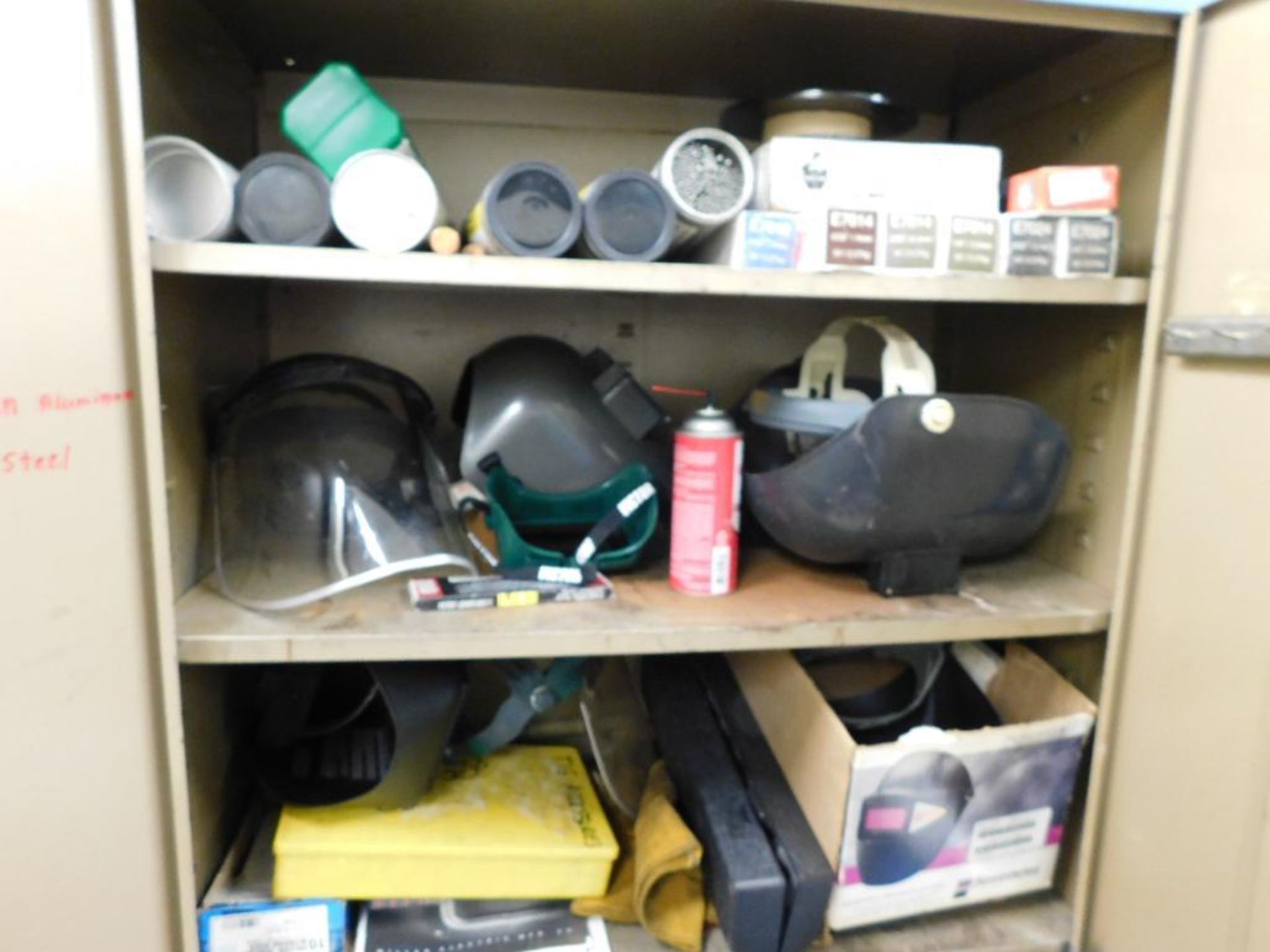 LOT: Cabinet w/Contents of Welding Supplies: Wire, Electrode, Gages, Torches, Helmets, etc. - Image 2 of 4