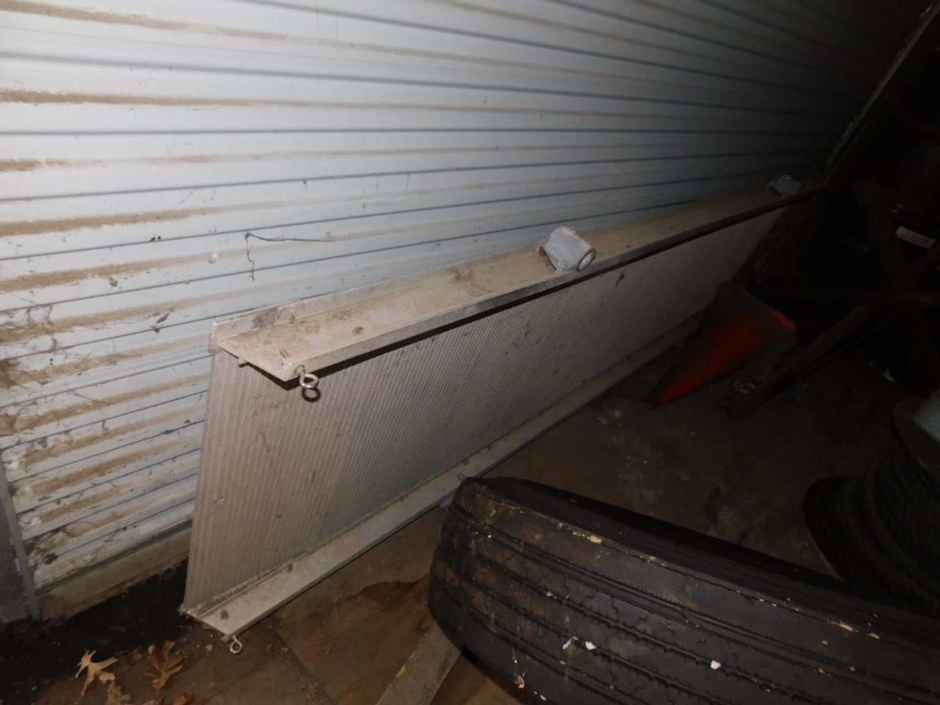 LOT: Contents of Shipping Container: Aluminum Fences, Fan, Material Carts, Aluminum Ramp, Truck Tire - Image 4 of 12