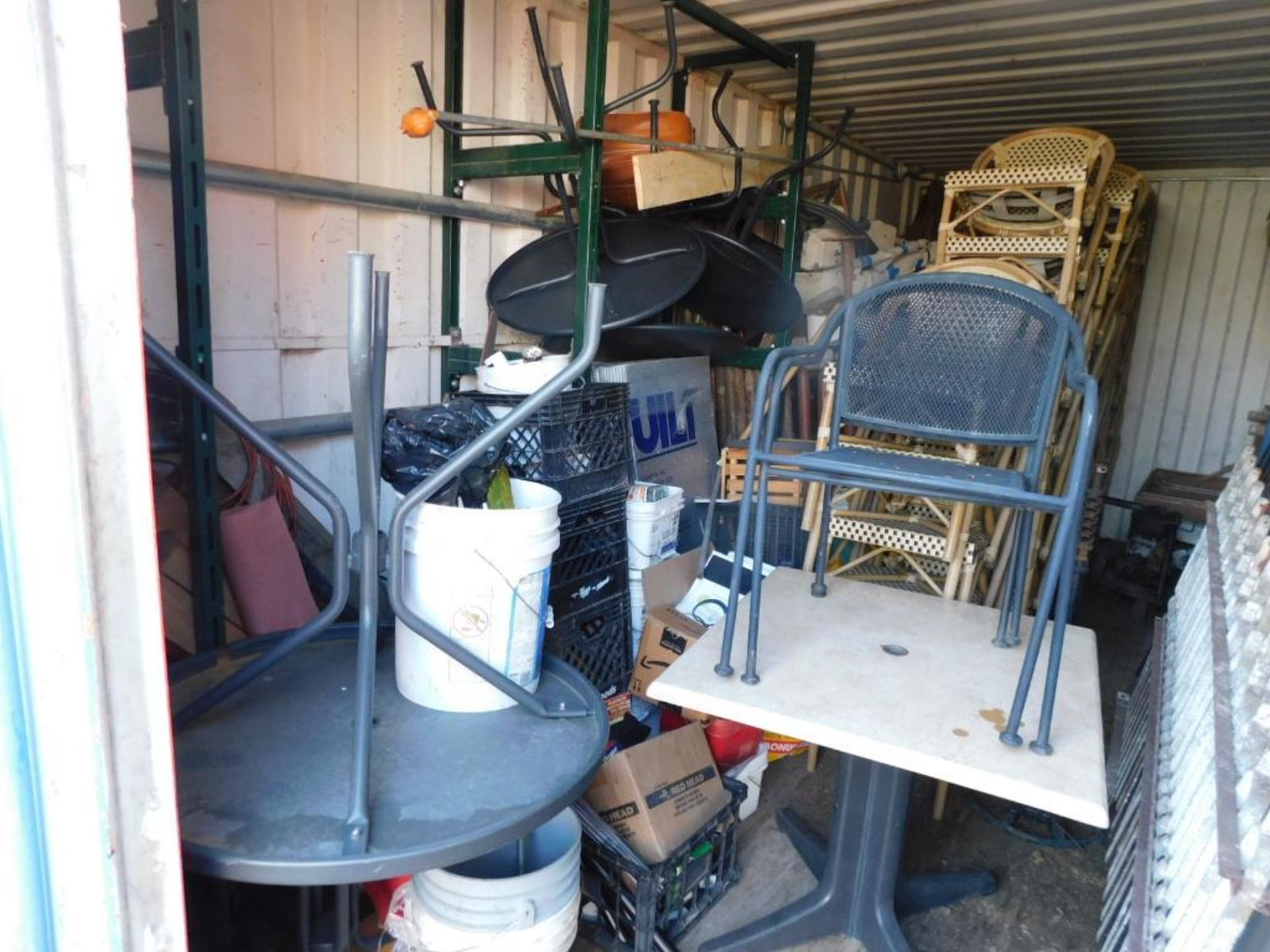 LOT: Contents of Shipping Container: Large Quantity of Chairs, (6) Tables, Scaffolding, Wood, etc. (