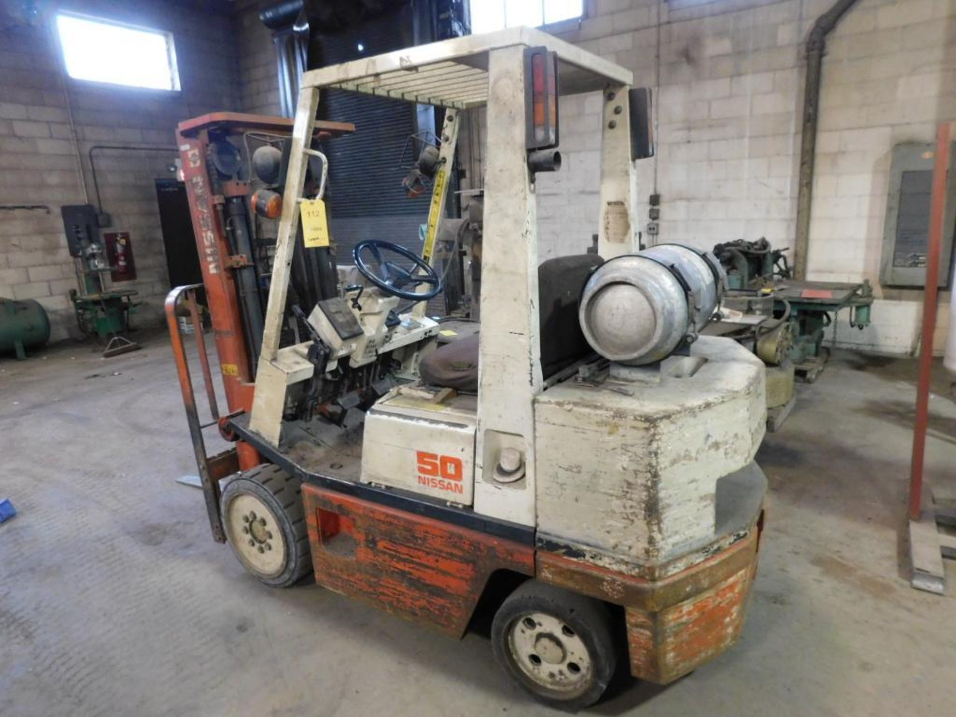 Nissan LP Forklift Model CPH02A25V, 3- Stage Mast, Solid Cushion Tires, 42" Forks, 5000 lb. Capacity