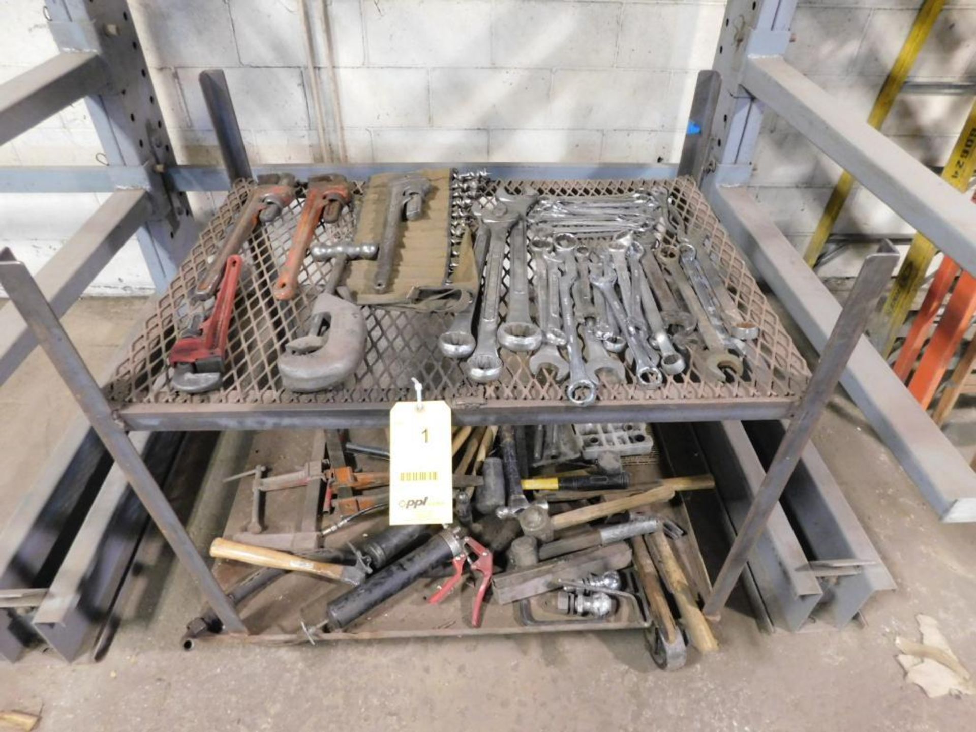 LOT: Rolling Cart w/Large Assortment of Pipe Wrenches, Pipe Cutter, Combo Wrenches, Hammers, Sockets