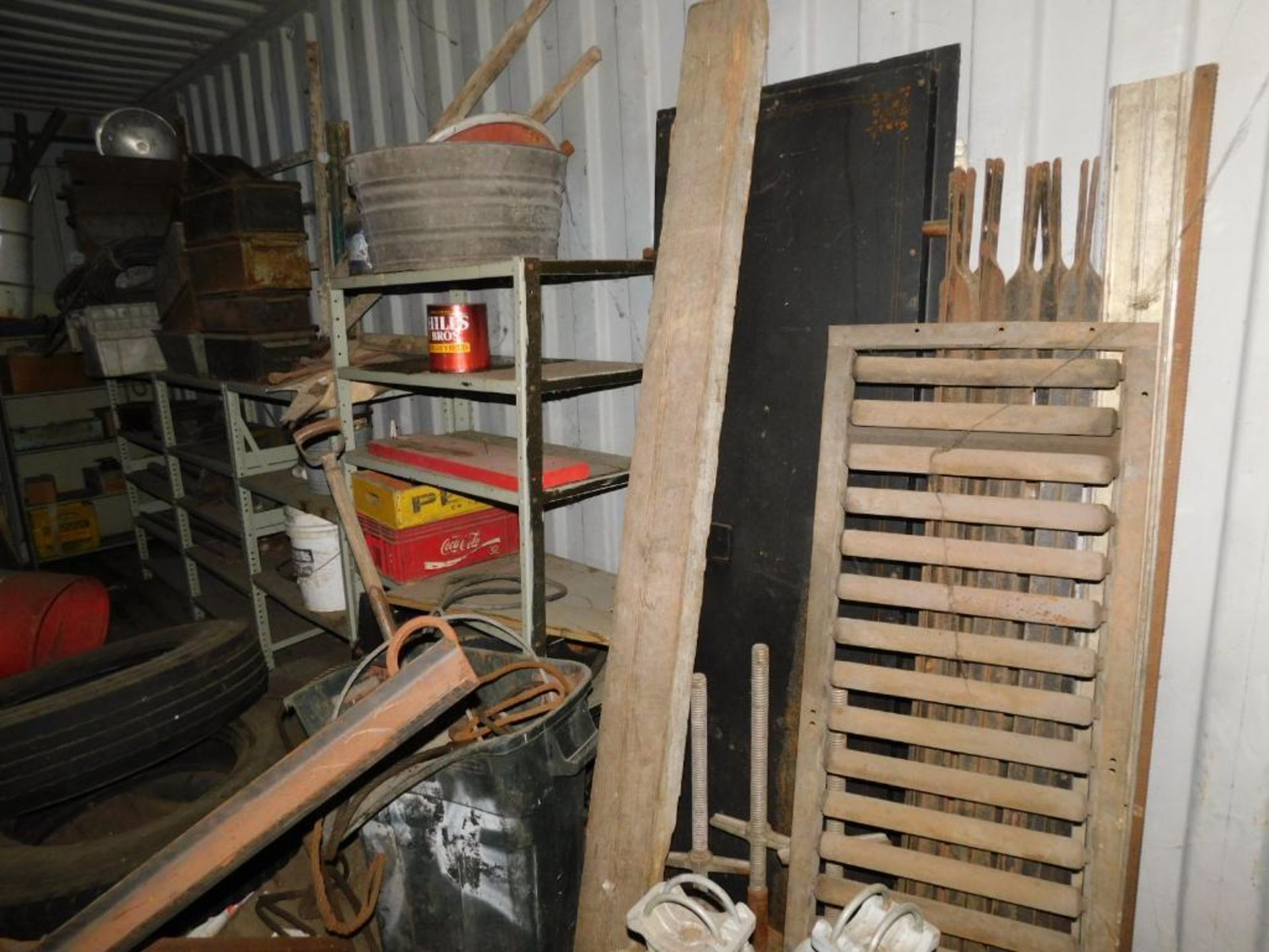 LOT: Contents of Shipping Container: Aluminum Fences, Fan, Material Carts, Aluminum Ramp, Truck Tire - Image 6 of 12