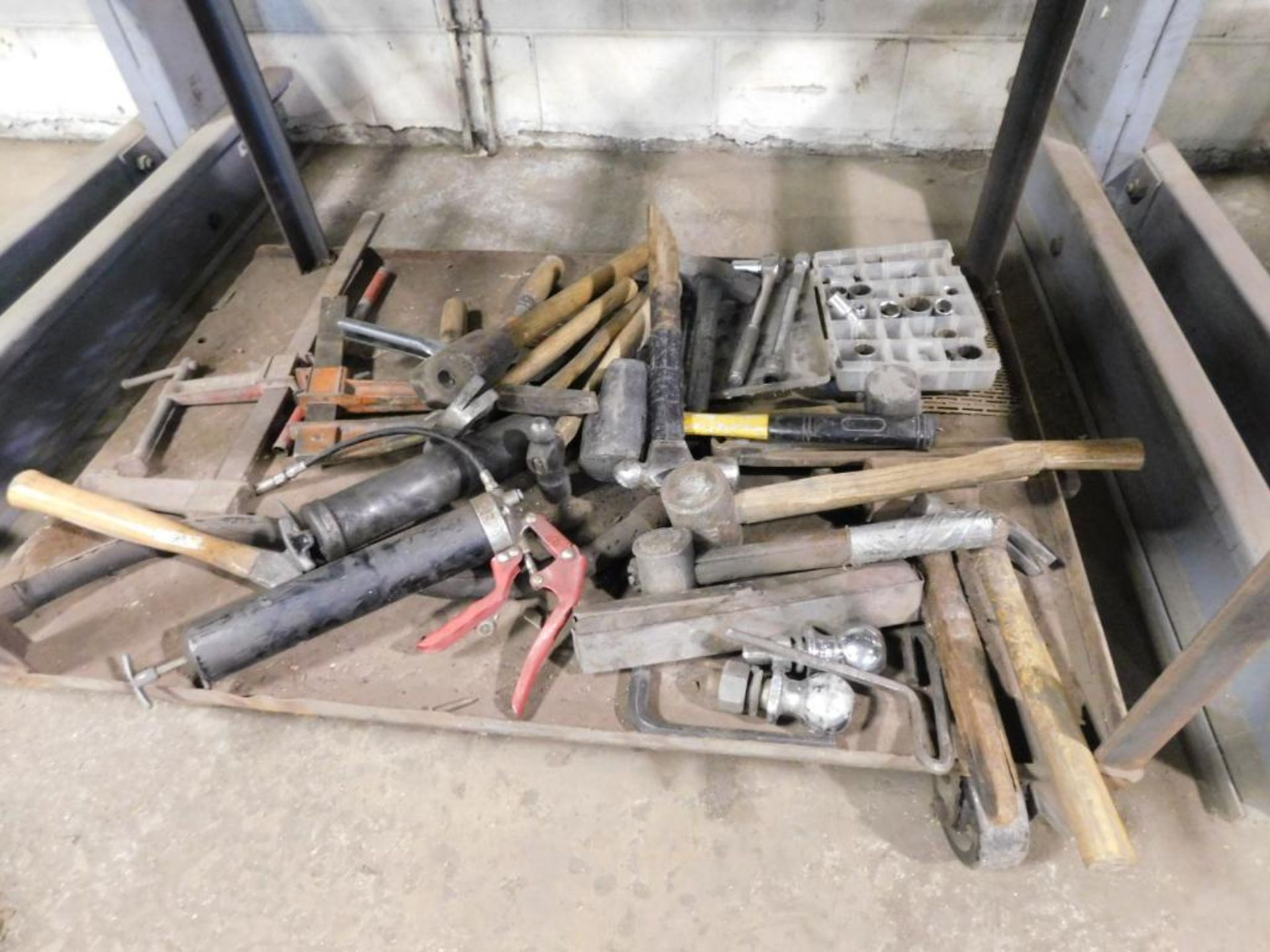 LOT: Rolling Cart w/Large Assortment of Pipe Wrenches, Pipe Cutter, Combo Wrenches, Hammers, Sockets - Image 3 of 3