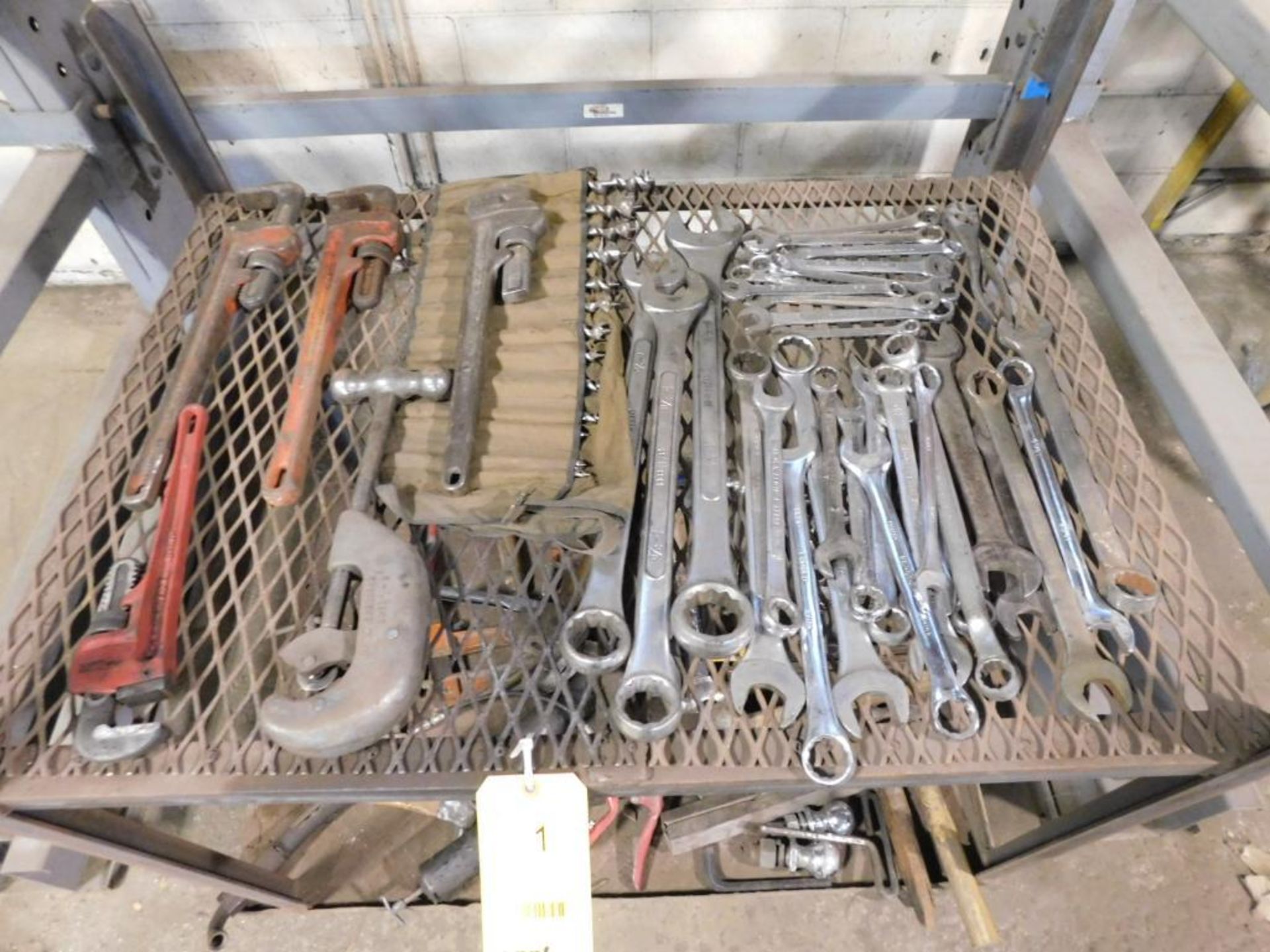 LOT: Rolling Cart w/Large Assortment of Pipe Wrenches, Pipe Cutter, Combo Wrenches, Hammers, Sockets - Image 2 of 3