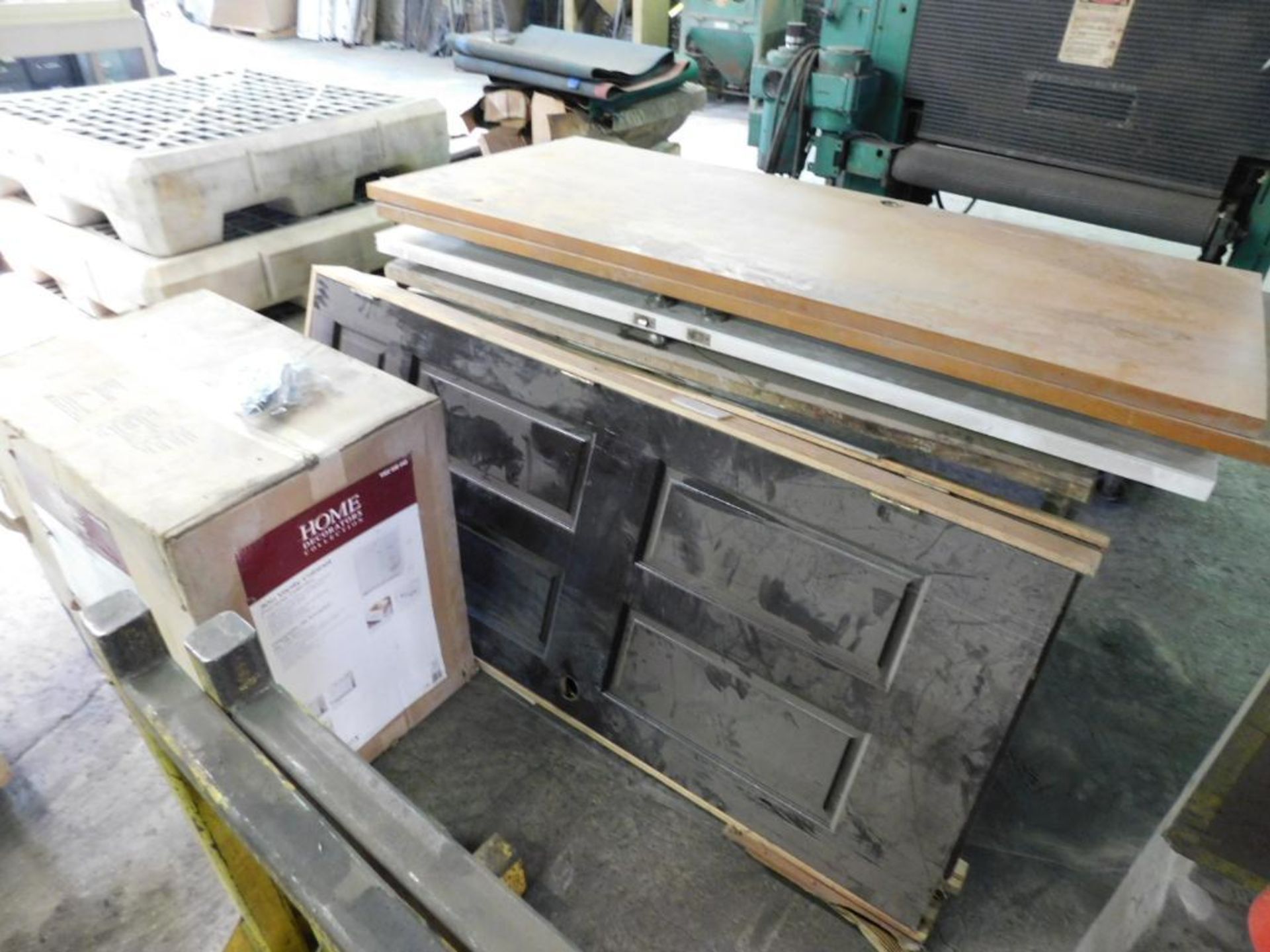 LOT: Work Bench w/(5) Assorted Tables, (1) 30" Vanity Dresser in Box, Doors