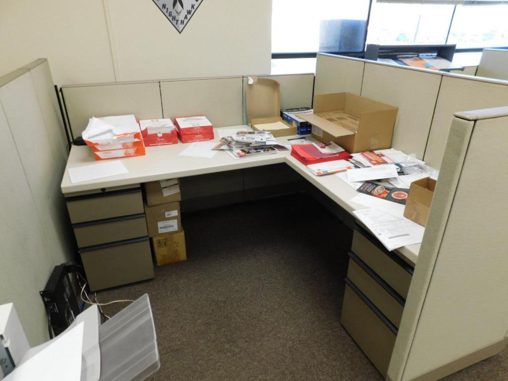 LOT: Contents of Front Offices: (10) Cubicle Work Stations, (8) Desks, (20) Chairs, 4' x 12' Confere - Image 9 of 27