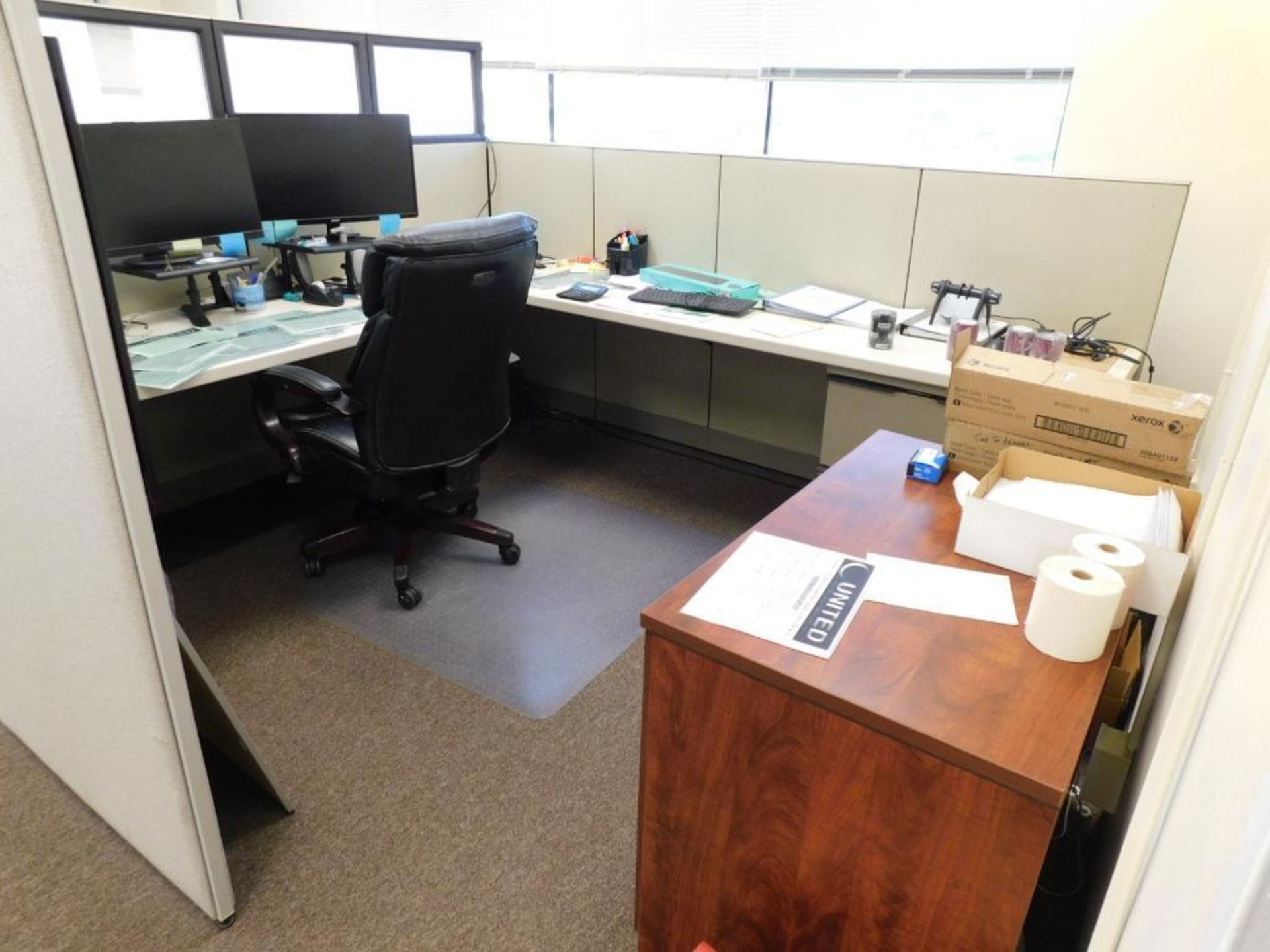 LOT: Contents of Front Offices: (10) Cubicle Work Stations, (8) Desks, (20) Chairs, 4' x 12' Confere - Image 15 of 27