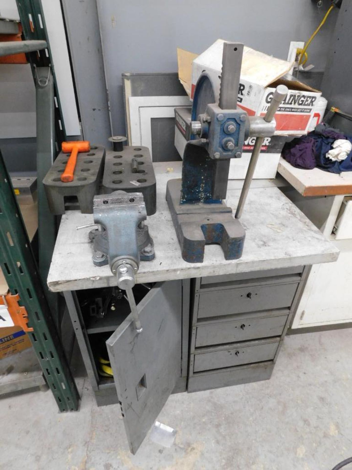 LOT: No. 2 Arbor Press, 4-1/2" Jaw Vise on Cabinet