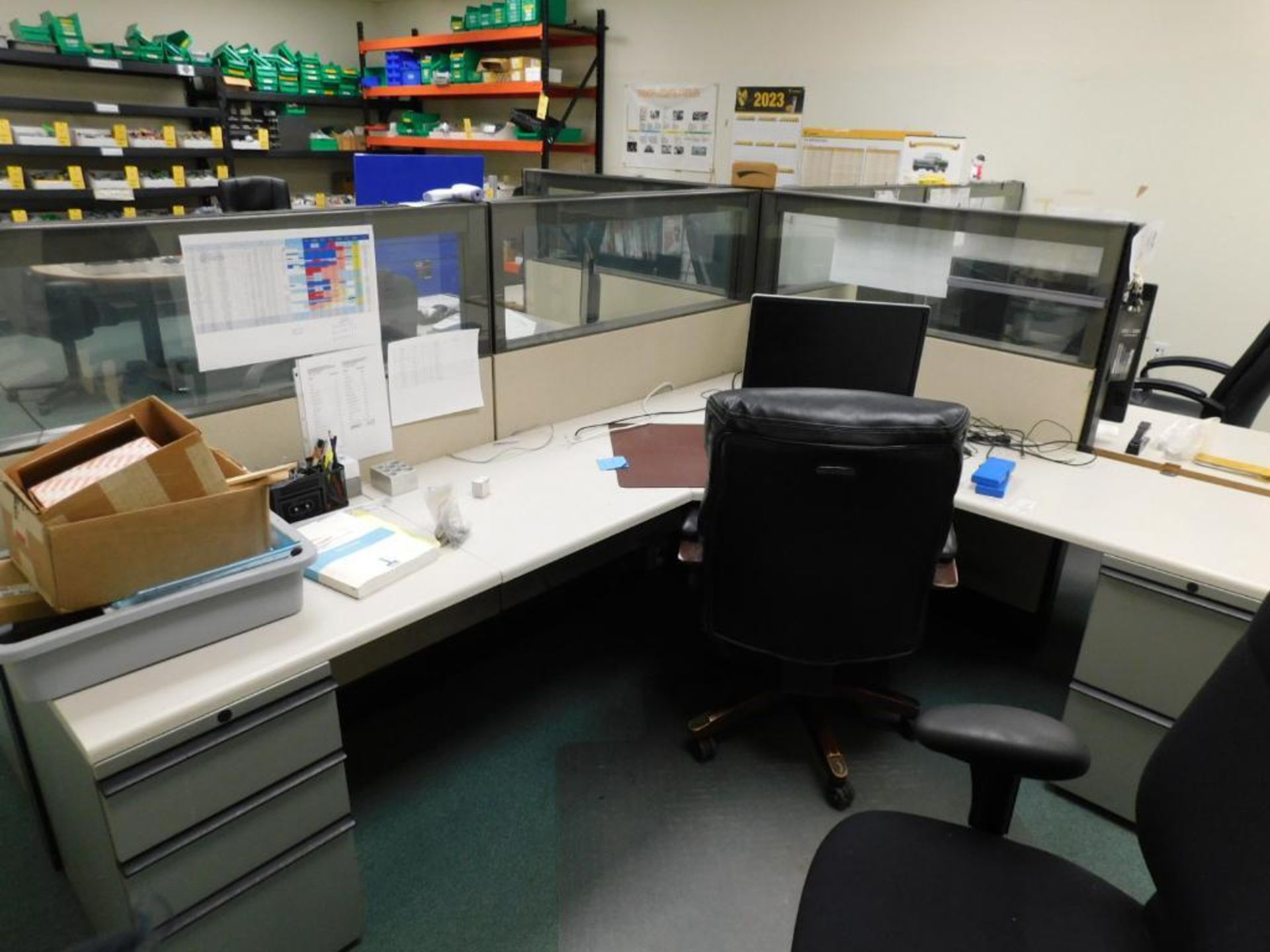 LOT: Contents of Front Offices: (10) Cubicle Work Stations, (8) Desks, (20) Chairs, 4' x 12' Confere - Image 25 of 27